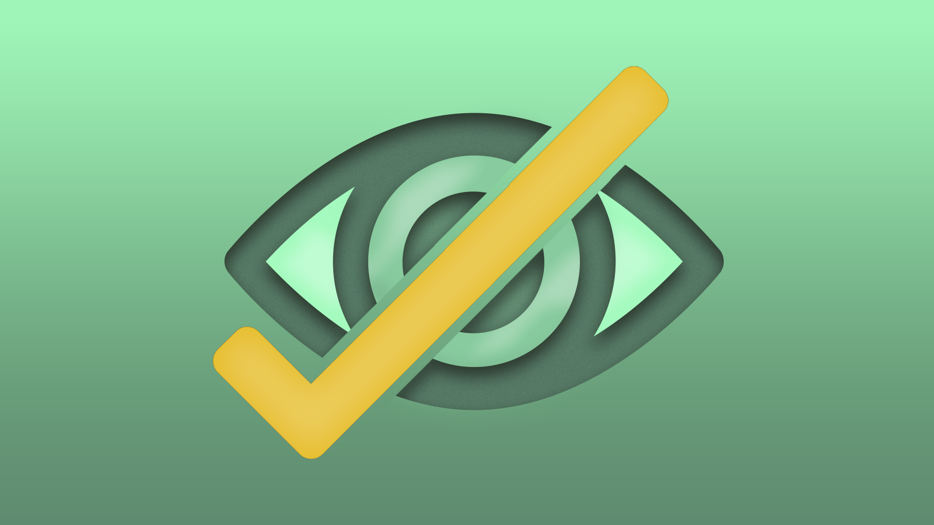 Abstract teal eye emblem with layered rings and mint-green inner shapes on a green gradient background, crossed by a thick yellow diagonal checkmark.