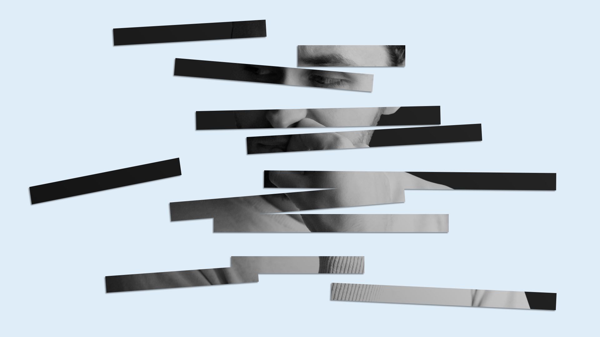 Illustration of black and white photo broken up into pieces