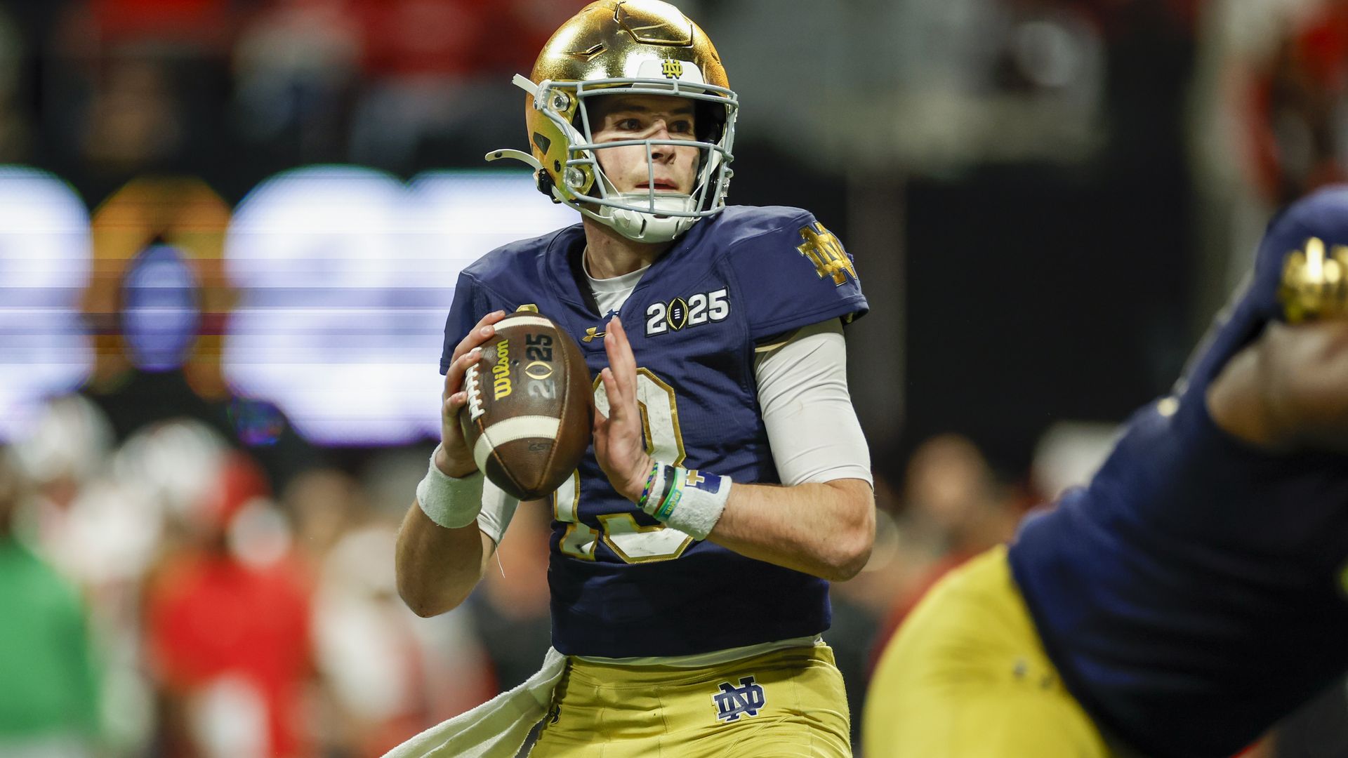  Quarterback Riley Leonard #13 of the Notre Dame Fighting Irish throws a pass during the Ohio State Buckeyes versus Notre Dame Fighting Irish College Football Playoff National Championship game on January 20, 2025, at Mercedes-Benz Stadium in Atlanta, GA. 