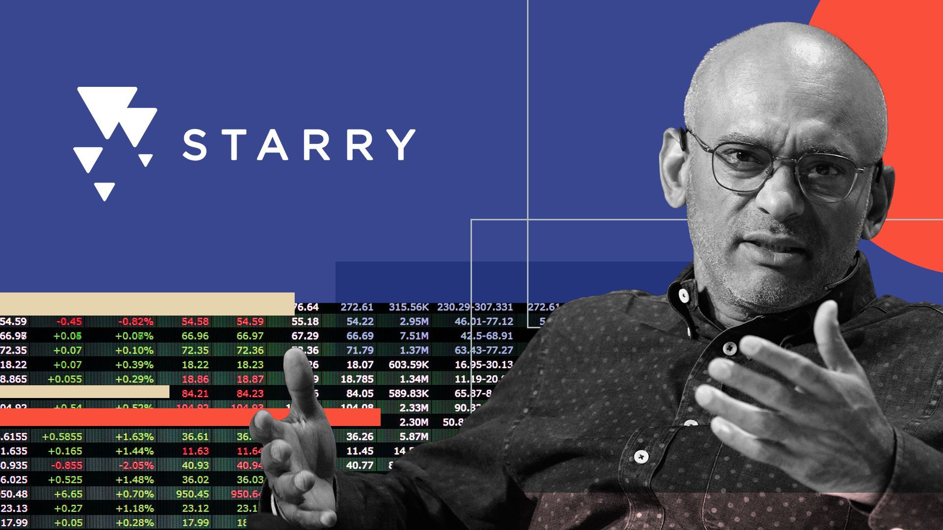 Photo illustration of Chaitanya "Chet" Kanojia, Starry CEO, with a stock ticker and abstract shapes.