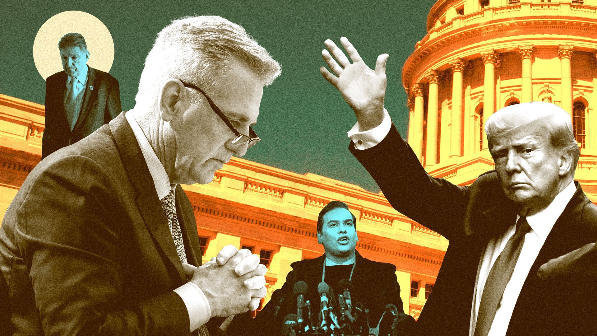 Photo illustration of a collage of Sen. Joe Manchin, Rep. Kevin McCarthy, Rep. George Santos, Donald Trump and the Wisconsin State Capitol.