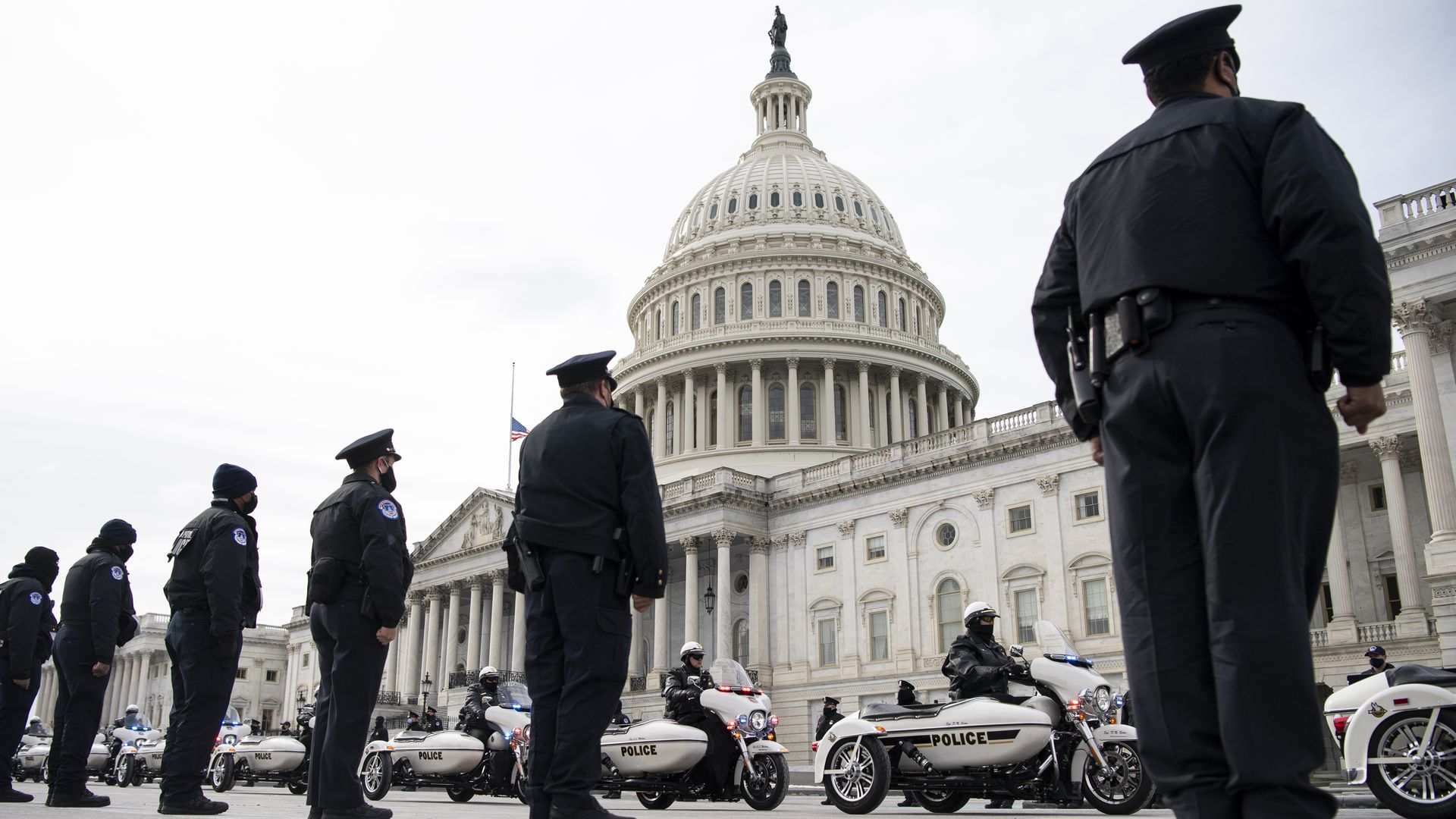 Members of the Capitol Police outside of the Capitol building during a ceremony for Capitol Police officer Brian Sicknick in February.