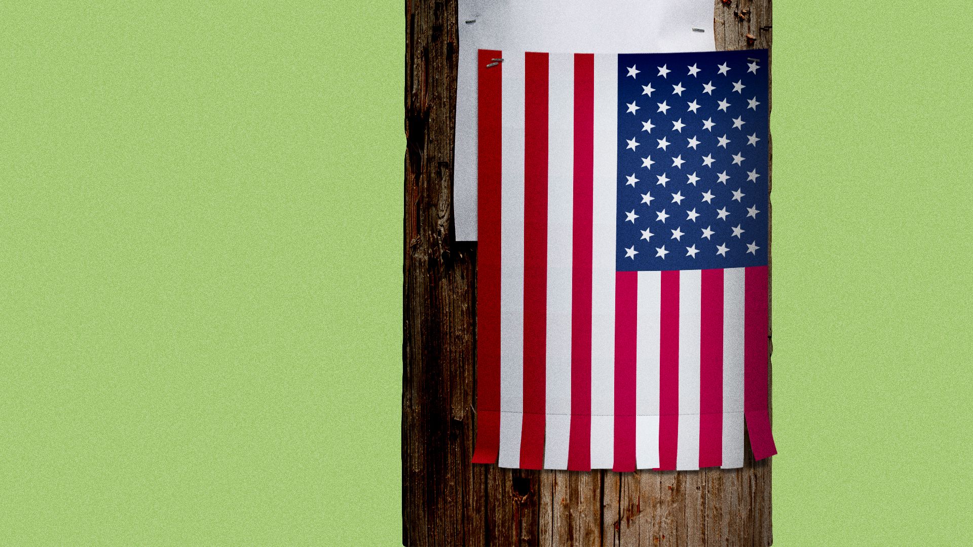 Illustration of an events flyer on a telephone pole that is printed like the American flag.