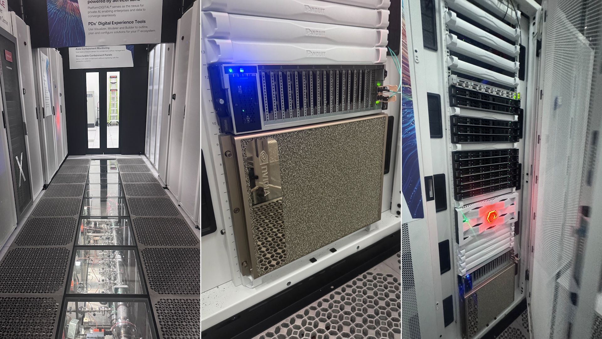 Data center collage: left shows a narrow aisle with tall racks; center close-up of a blade server with blue LEDs; right stacks of servers behind glass.