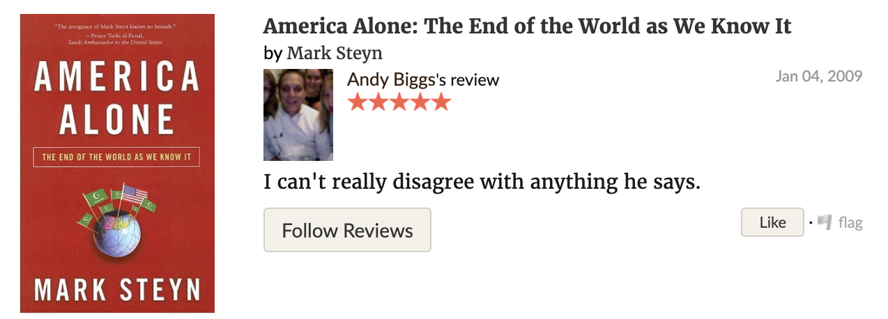 A screenshot of a review from Andy Biggs of the book "America Alone: The End of the World as We Know It," by Mark Steyn. Biggs gave it five stars and wrote, "I can't really disagree with anything he says."