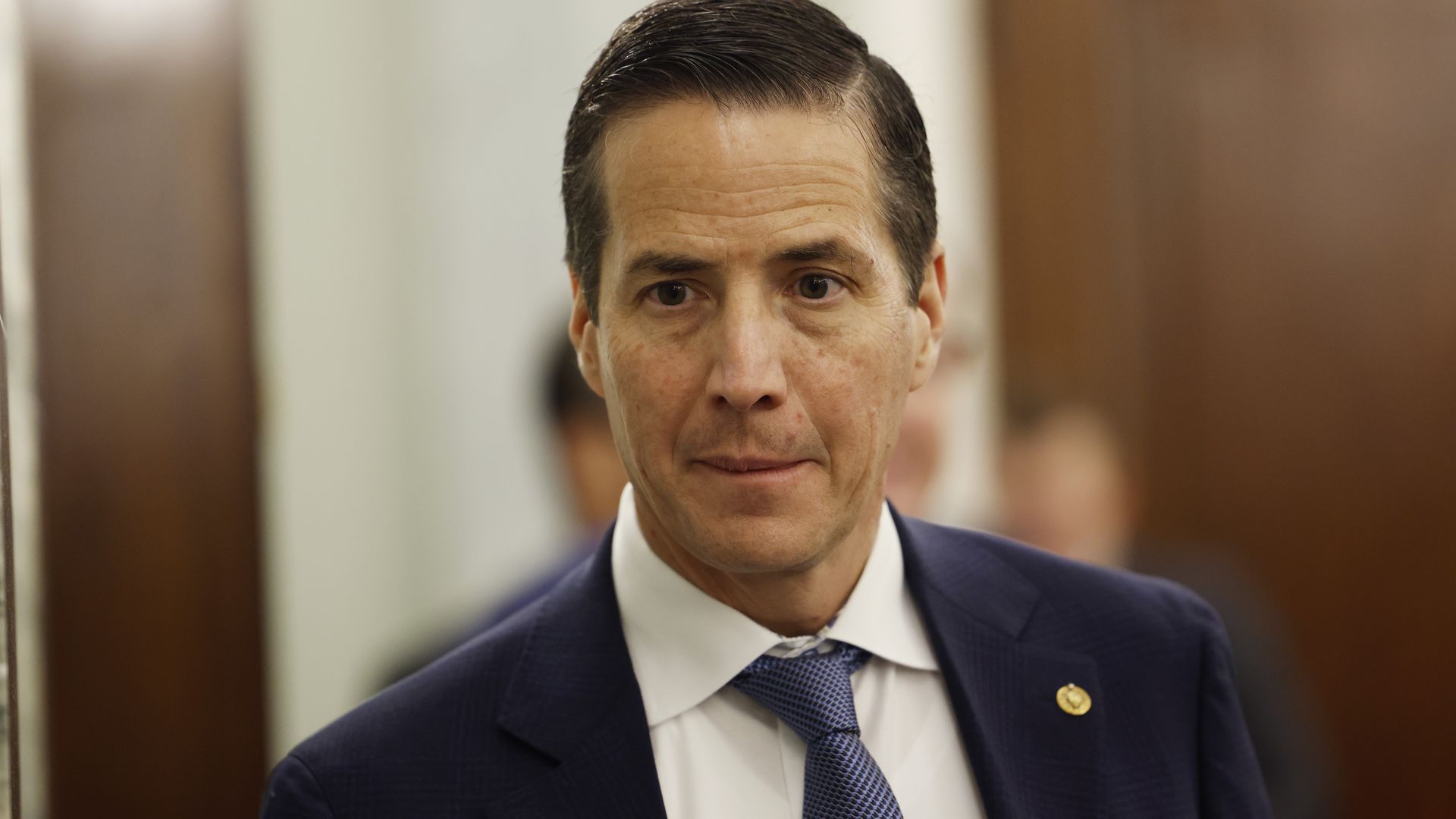 Sen. Bernie Moreno (R-OH) departs from a Senate Transportation Committee business meeting to consider the nomination of Sean Duffy as Transportation Secretary on Capitol Hill on January 22, 2025 in Washington, DC. 