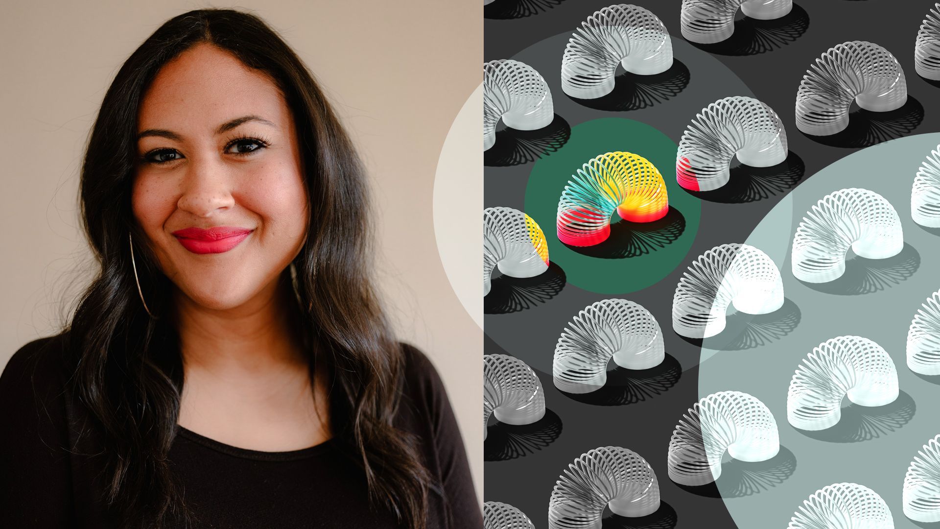 Photo illustration collage of Roberta Thomson surrounded by abstract shapes.