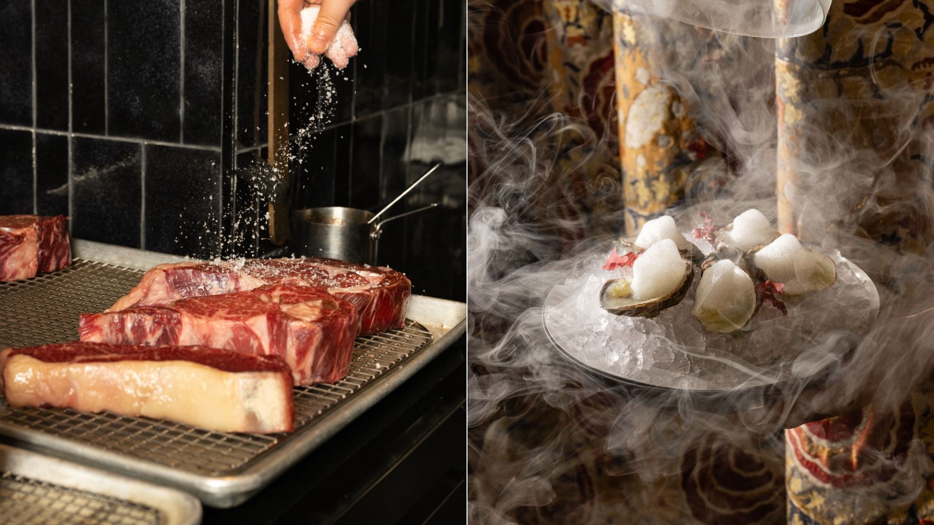 Split image: left shows red steaks on a grill with salt falling from a hand; right shows oysters on ice with smoky vapor, held by a person in a patterned garment.