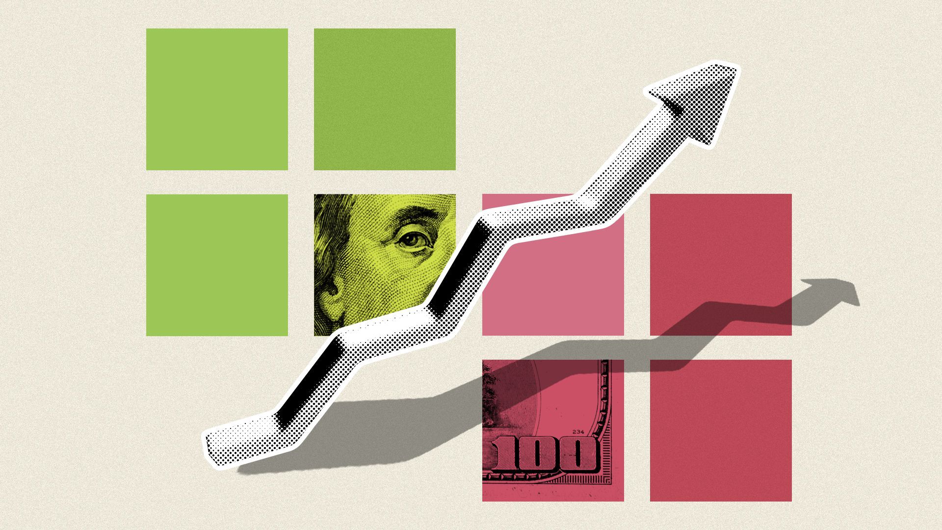 Illustration of an upward stock chart arrow over a grid of red and green squares, with pieces of hundred dollar bills in two of them.