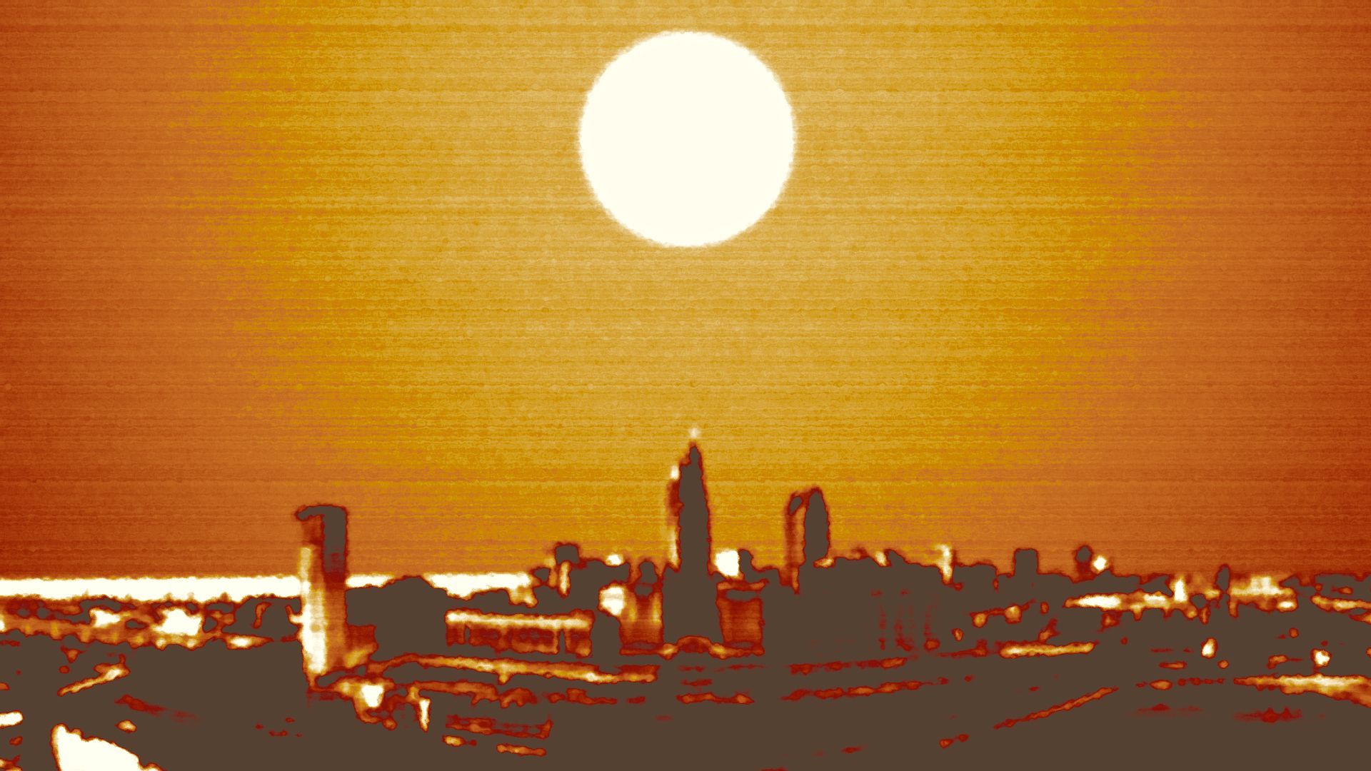 Illustration of the Cleveland skyline under a hot sun.