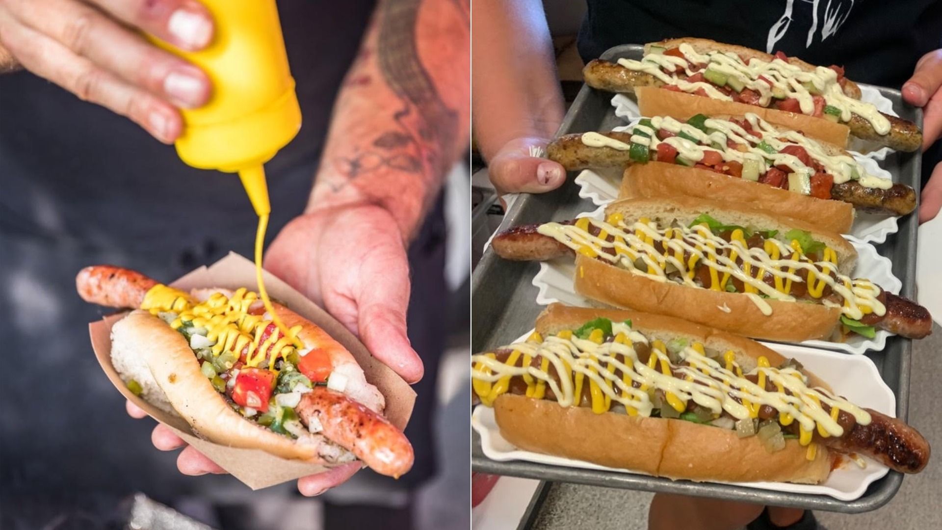 Two-panel image: left shows a person squeezing yellow mustard onto a loaded hot dog; right shows a tray of several hot dogs topped with diced vegetables and white and yellow sauces.
