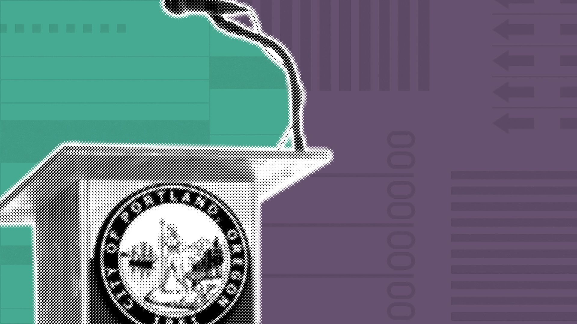 Illustration of a podium with the Portland city seal on it, over a green and 