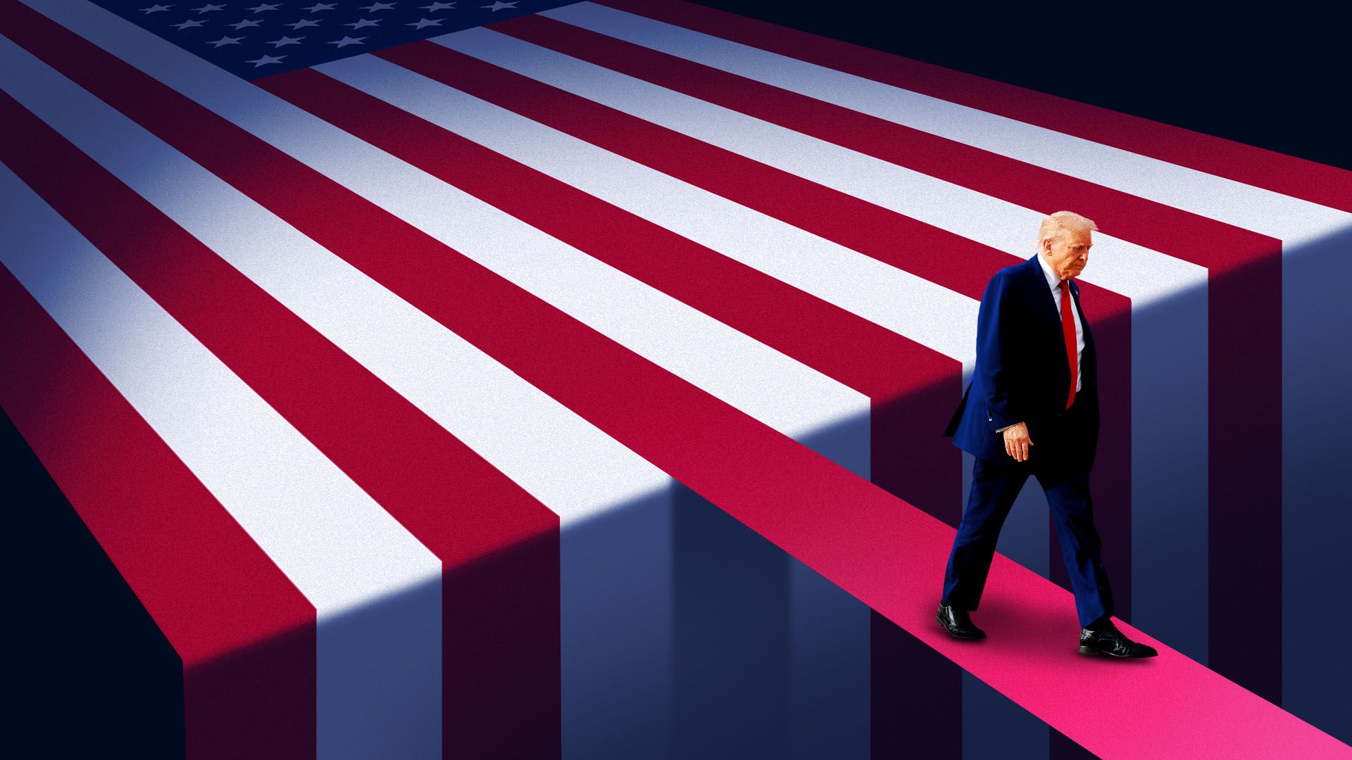 Photo illustration of President Donald Trump walking on an elongated stripe of the American flag