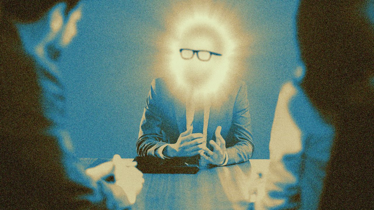 Animated illustrated of a man with a glowing face being interviewed by two people. 