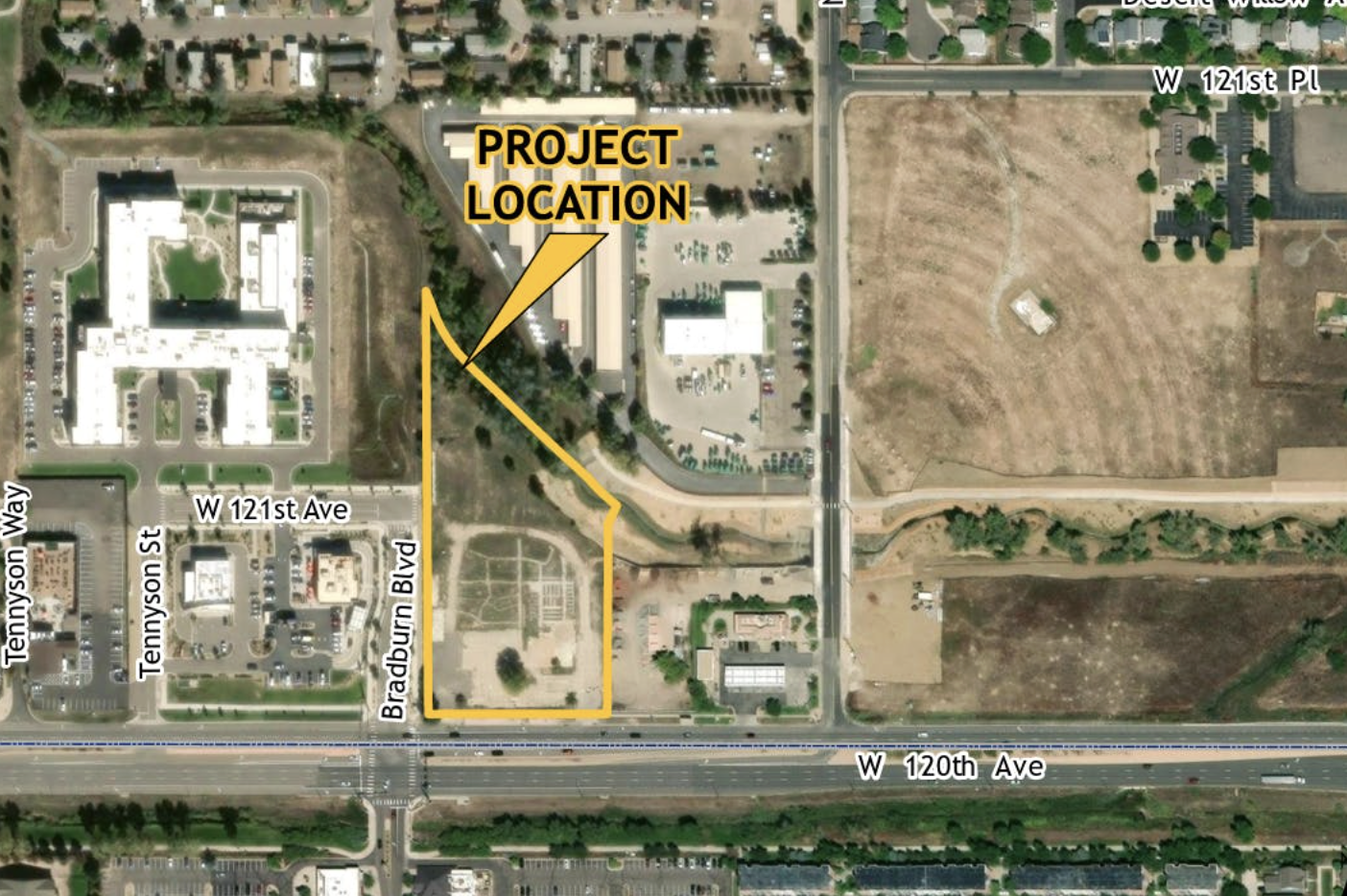 Aerial map showing a project location outlined in yellow near Bradburn Blvd and W 120th Ave, with nearby streets W 121st Ave, Tennyson St, and Tennyson Way. Surrounding areas include buildings, parking lots, and open land.