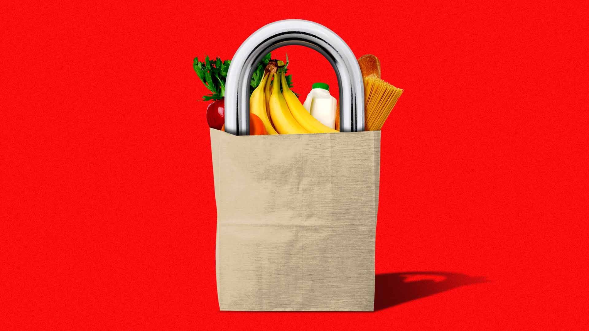 Illustration of a padlock as a bag of groceries 