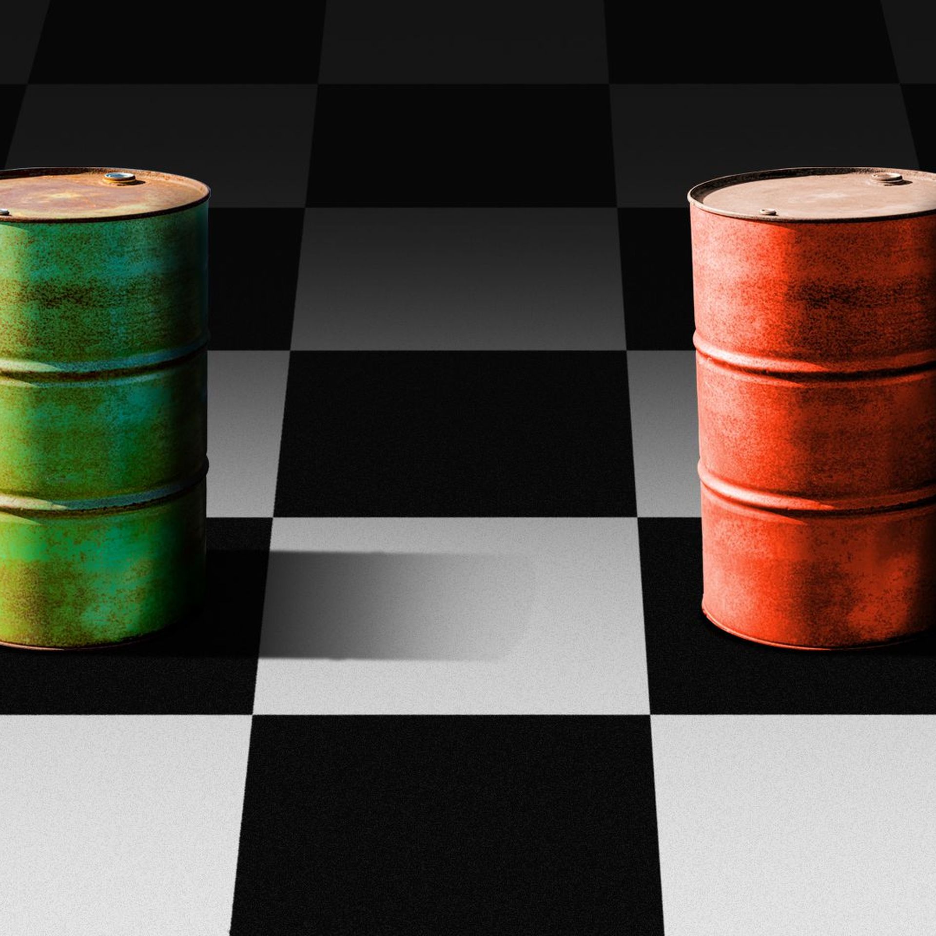 Illustrations of two oil barrels facing off on a chessboard 