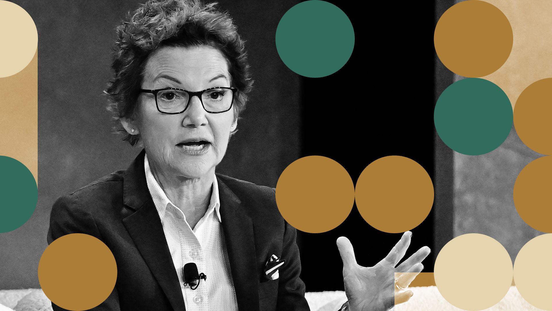 Photo illustration of Mary Daly surrounded by abstract shapes. 