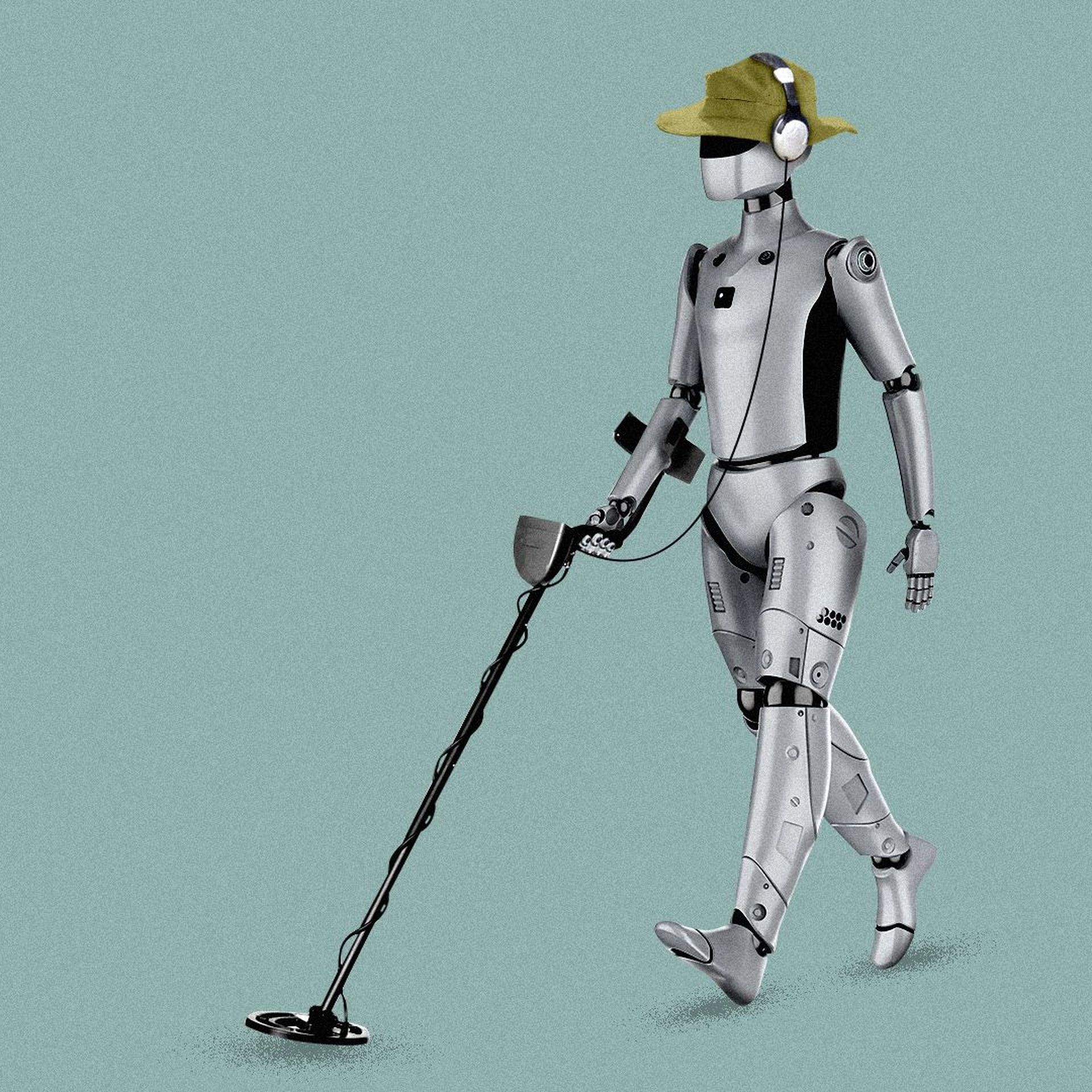 Illustration of a robot with a metal detector wearing a sun hat. 