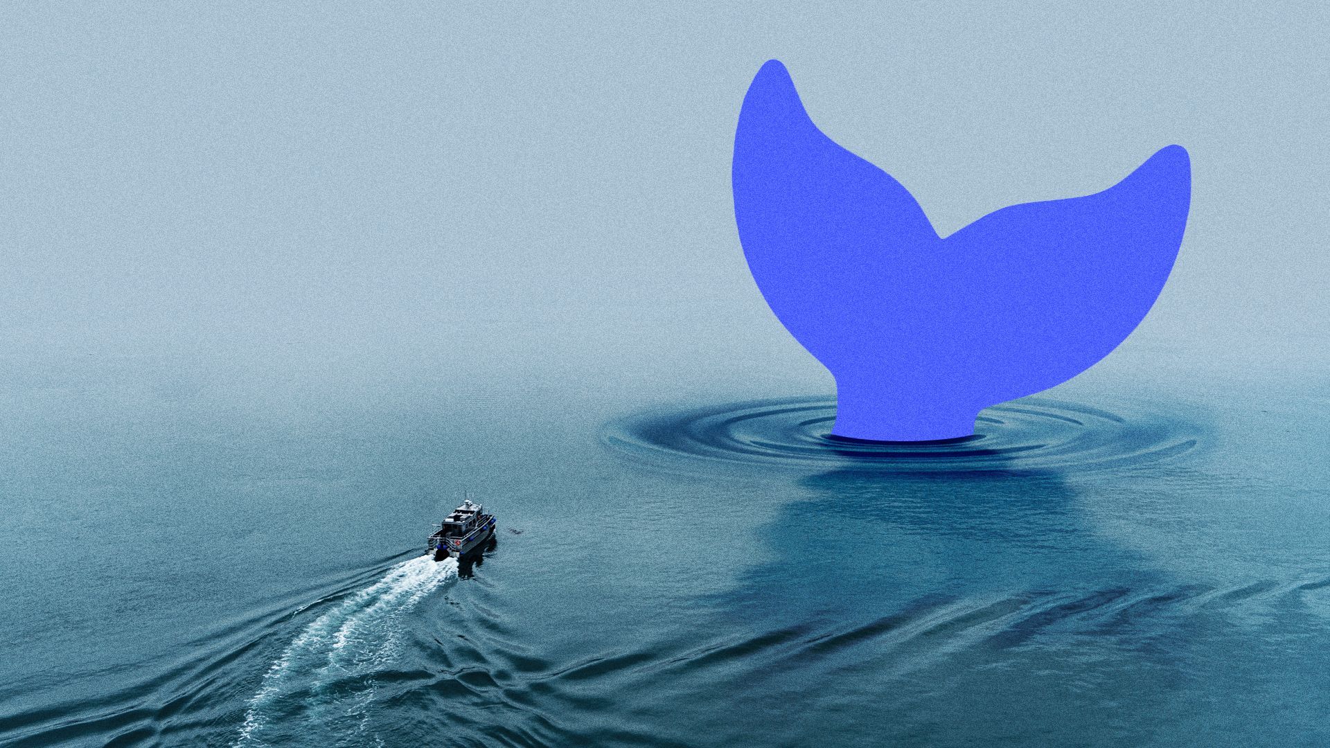 Illustration of the oversized tail of DeepSeek's logo coming out of the ocean next to a small boat as if it is Moby Dick.