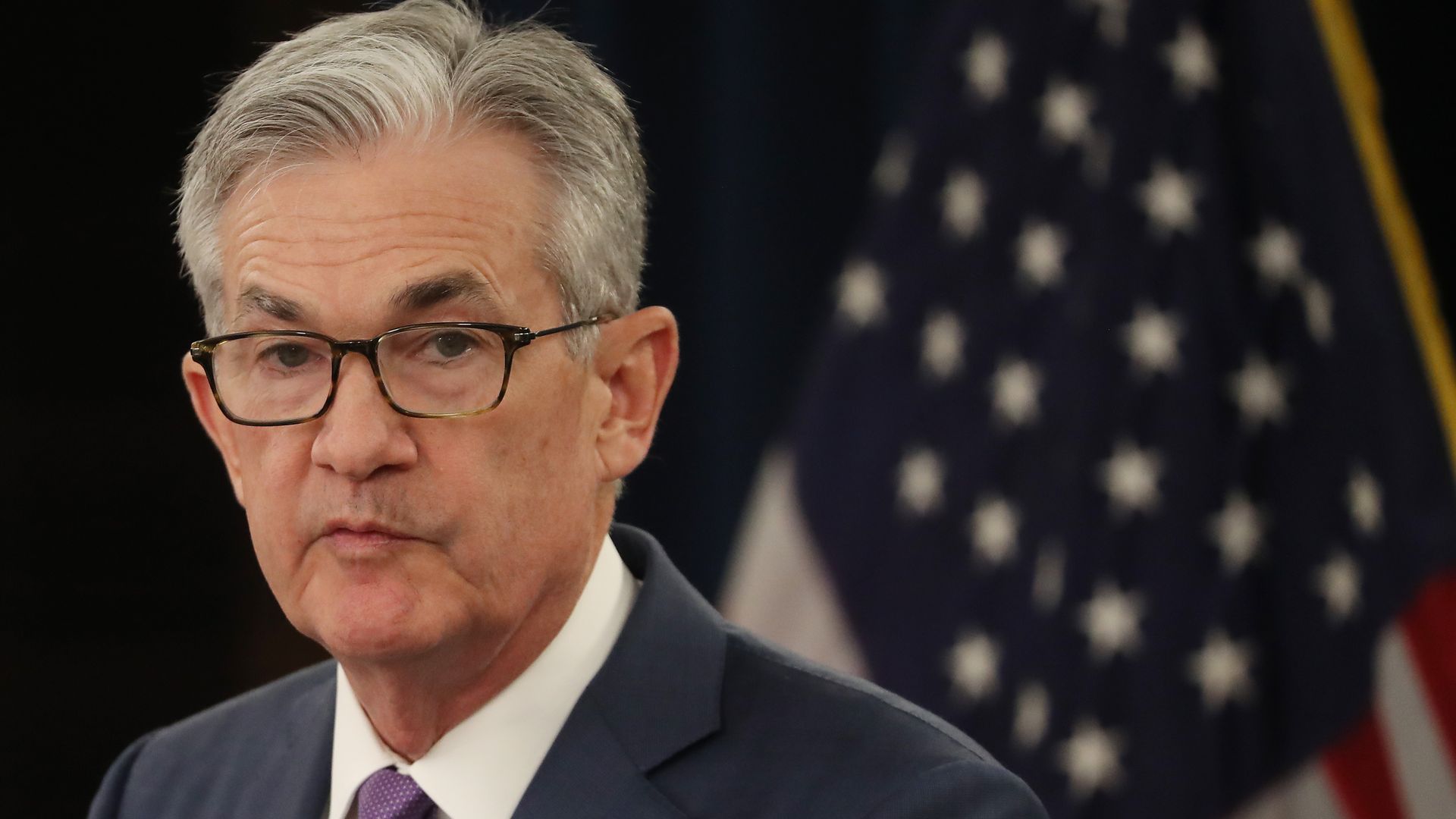 Federal Reserve Board Chairman Jerome Powell speaks during a news conference in July