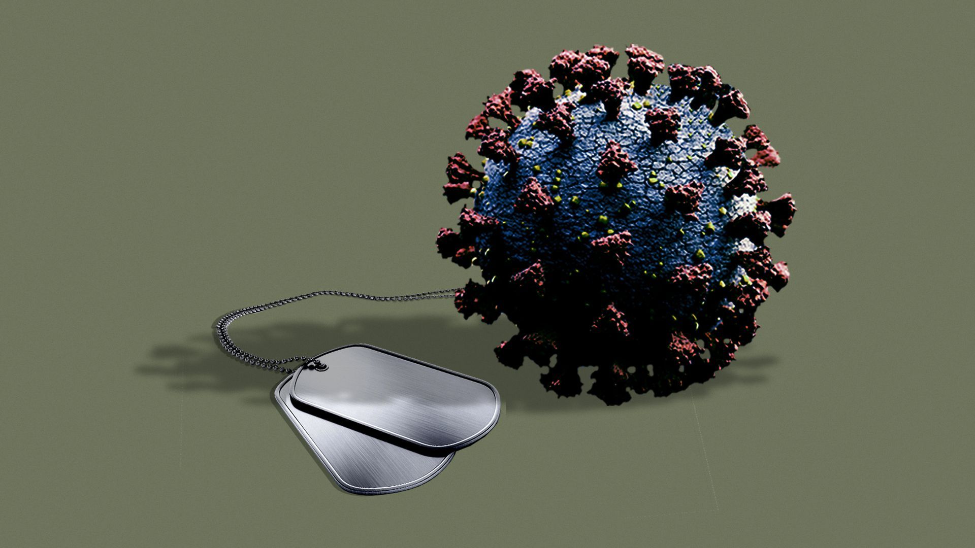 Illustration of coronavirus casting a virus-shaped shadow upon dog tags