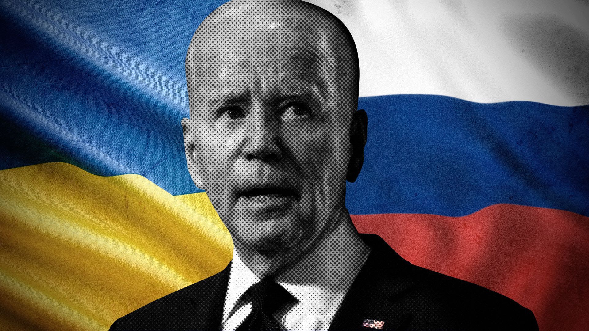 Biden illustrated against Ukrainian and Russian flags