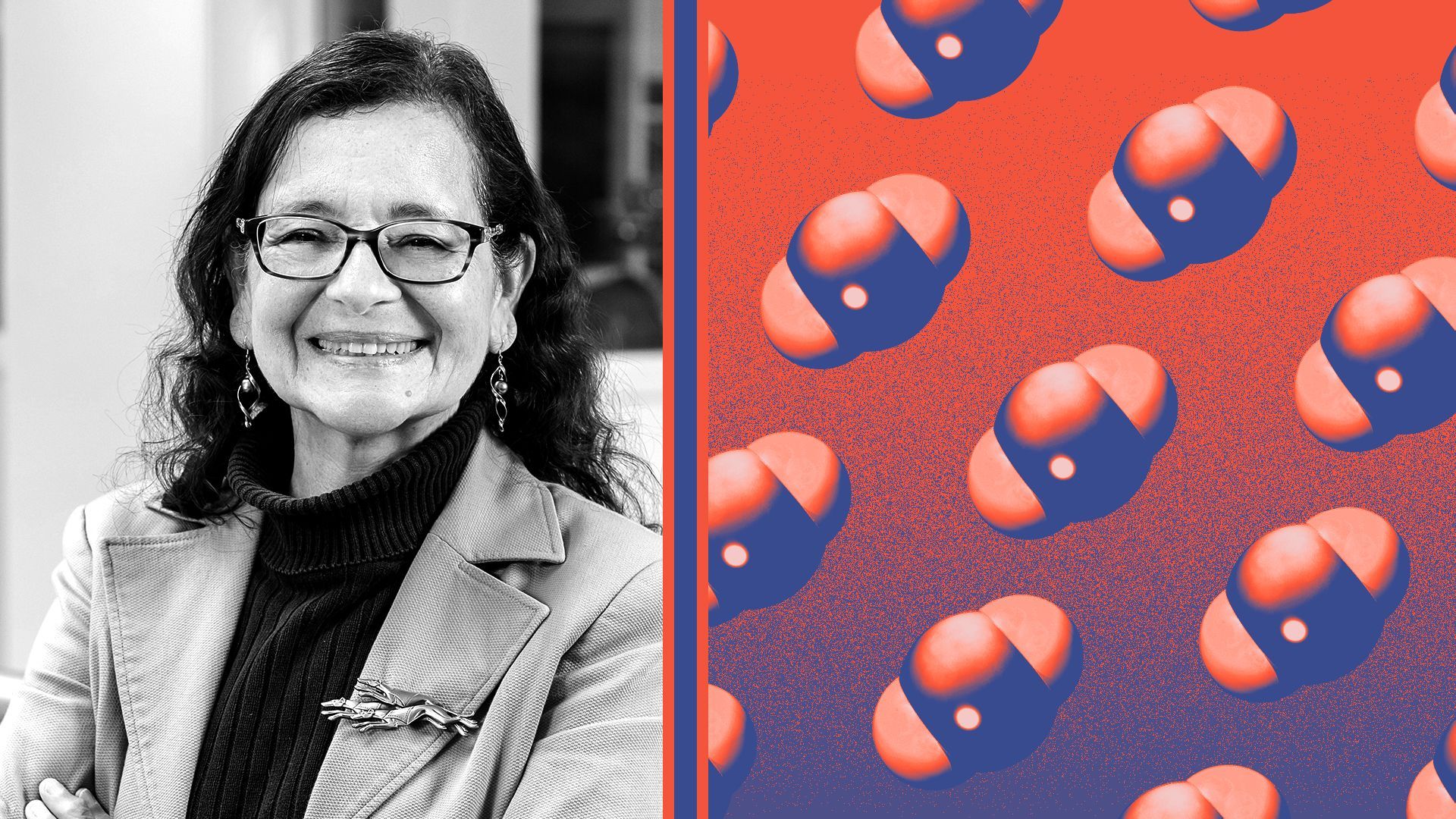 Photo illustration of Jennifer Holmgren with a pattern of carbon dioxide molecules.