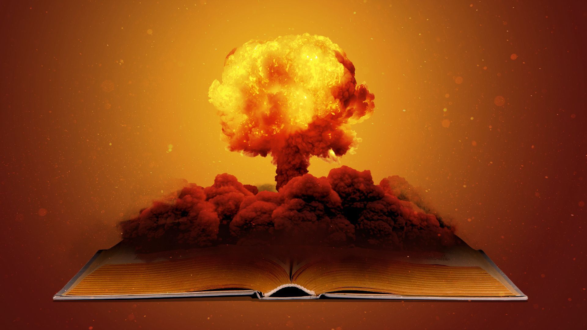 Illustration of an open book with a mushroom cloud coming out. 