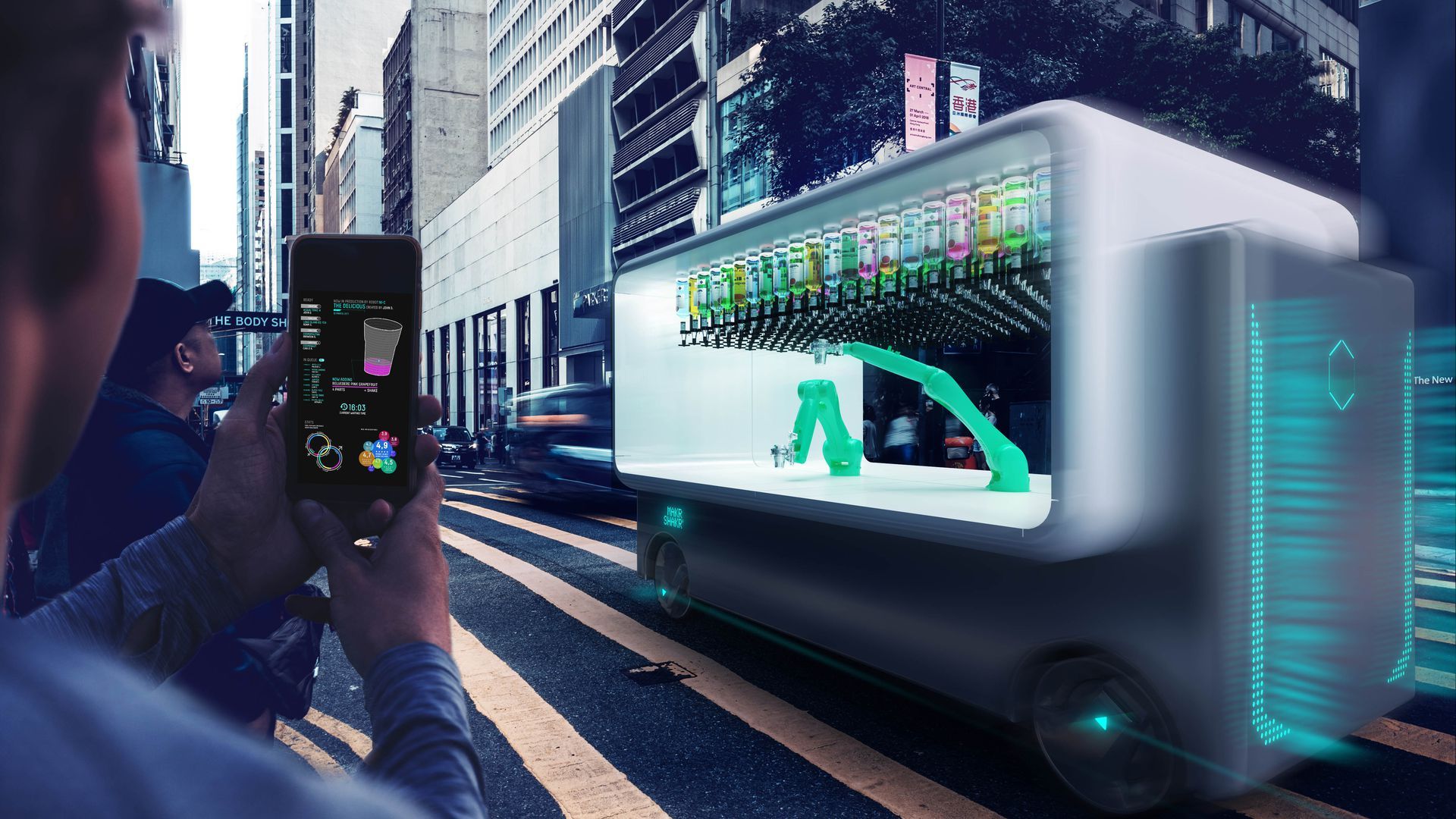 A rendering of a pod driving down a street, with suspended liquor bottles and a robotic arm.