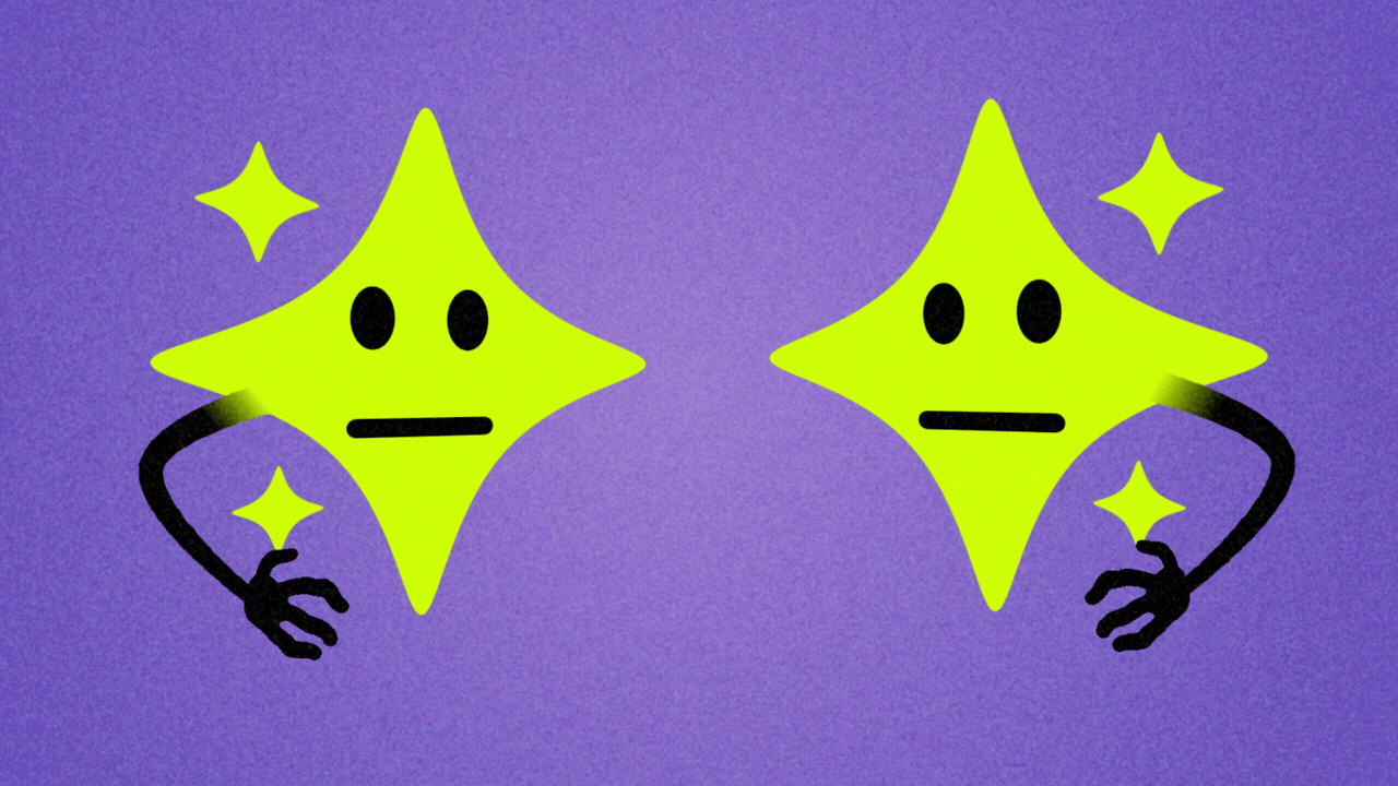 Animated illustration of two sparkle emojis, each with an arm and a face. The first emoji signals the second one with a wink and a thumbs up. The second emoji signals back with a wink and a point.