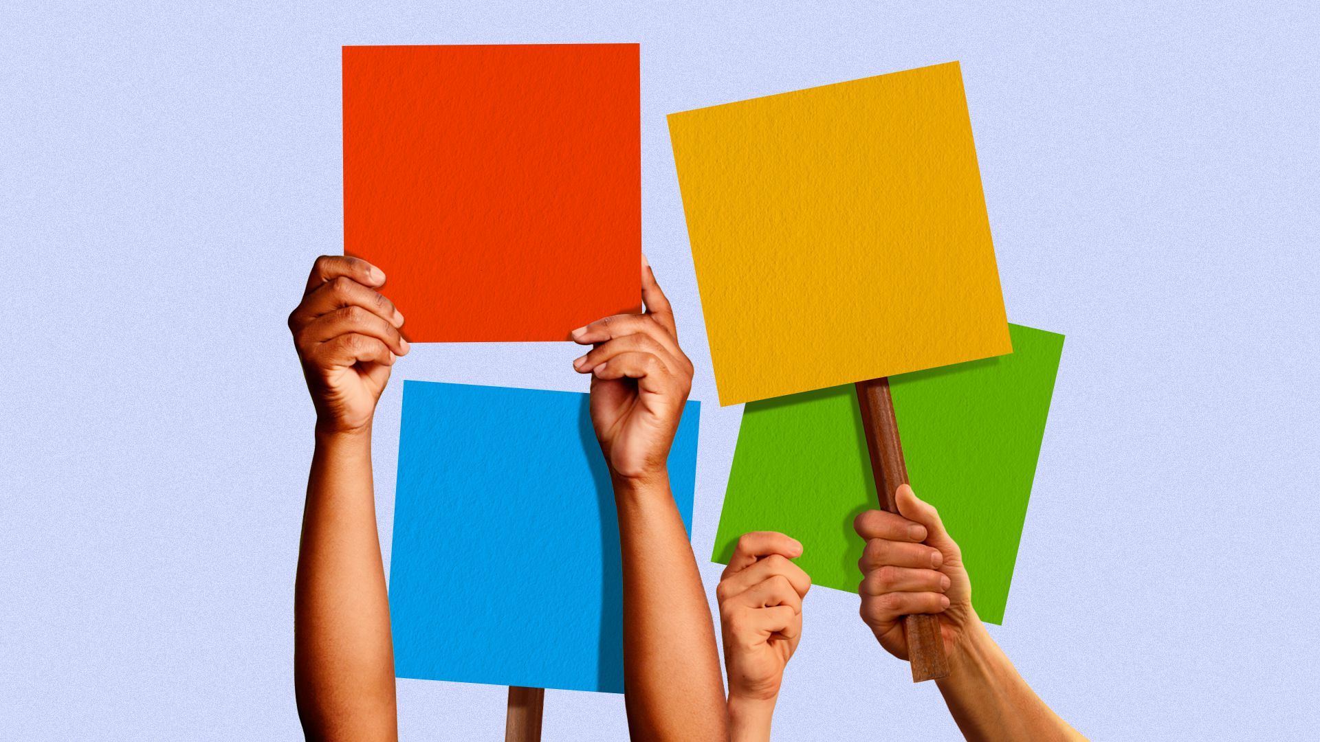 Illustration of people holding up signs in the shape of the Microsoft logo