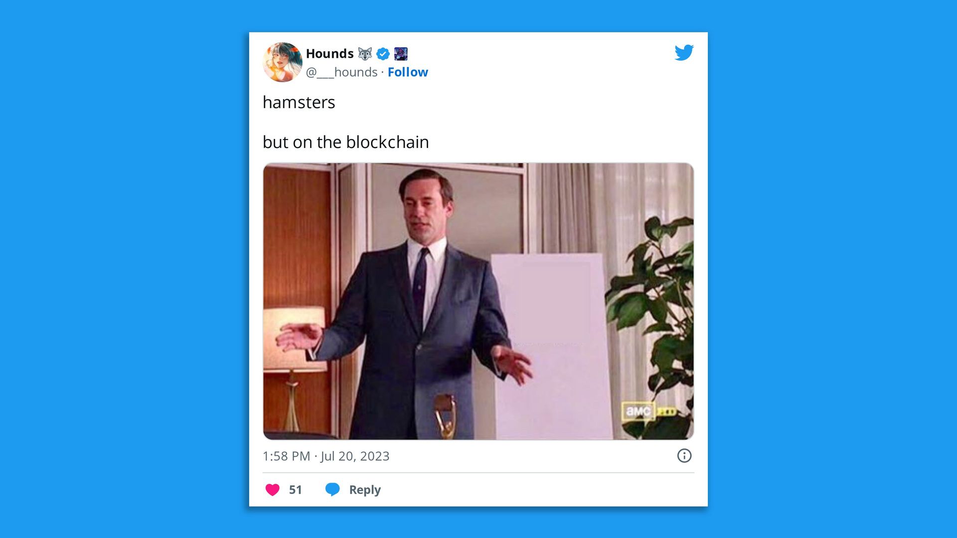 A tweet of a man speaking in a board room with a quote that says "Hamsters... but on the blockchain"