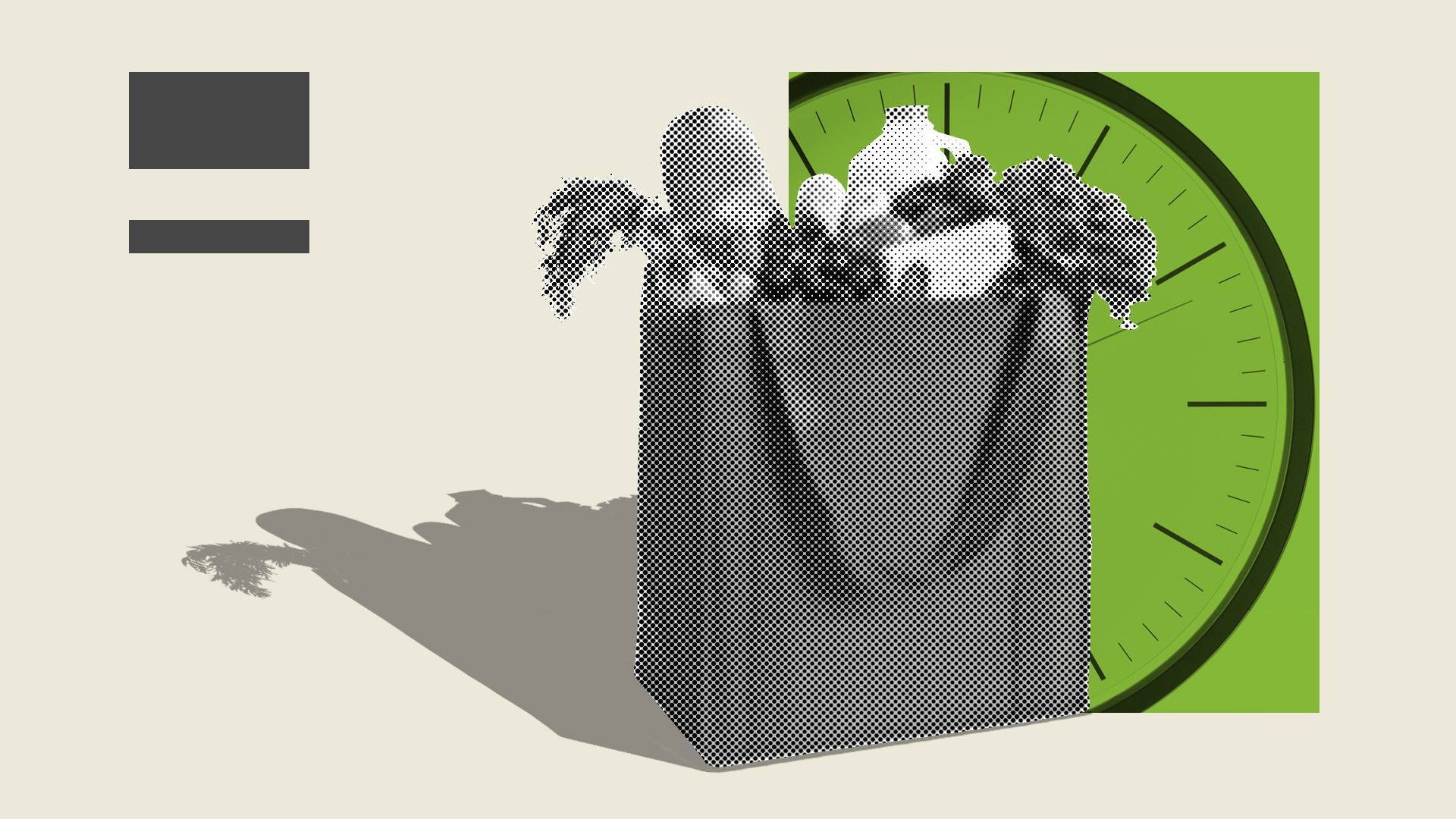 Illustration of a grocery bag with a clock behind it
