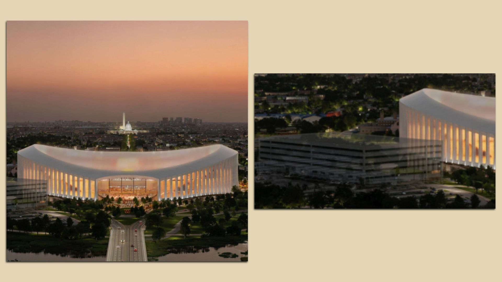 Two-panel view of a white curved Commanders Stadium with tall lit columns and a glass entrance, with another view zoomed in on the parking garage looking about half as tall as the stadium