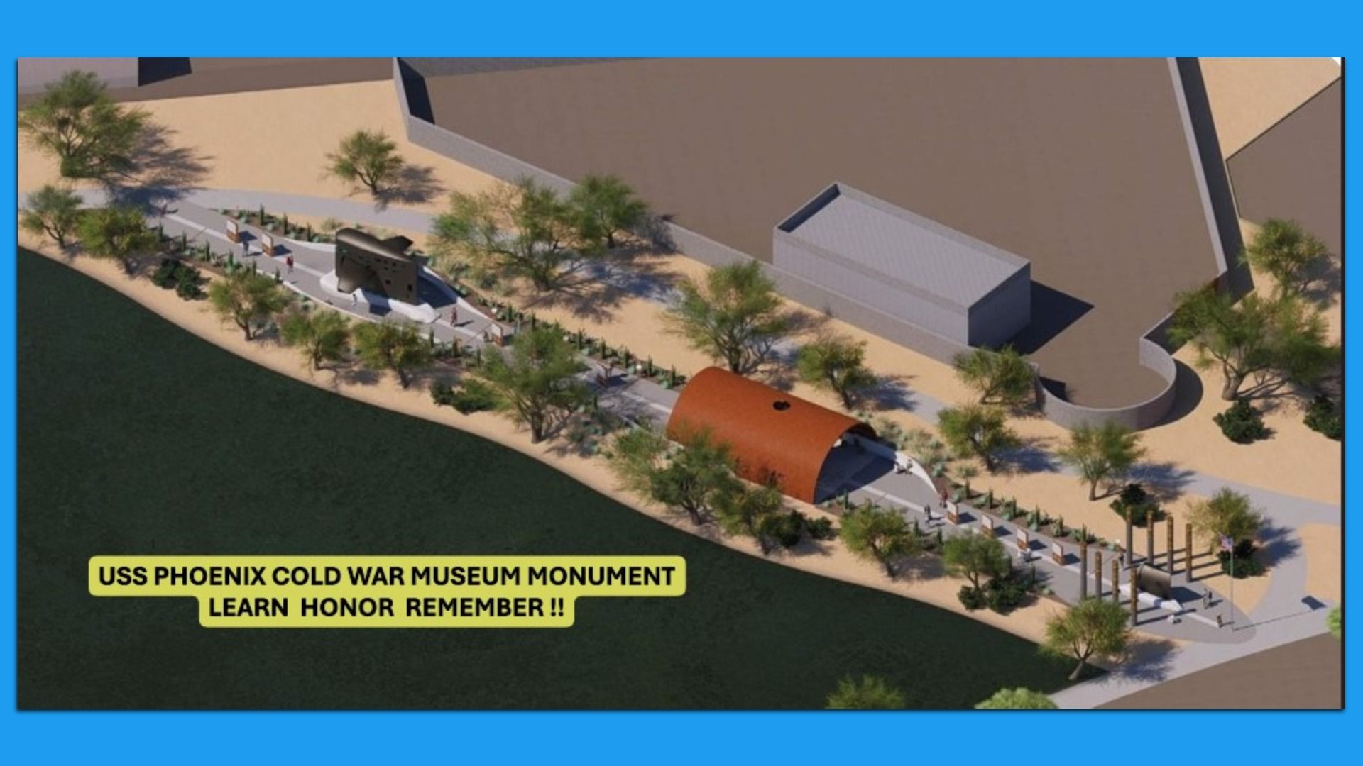 Isometric view of a submarine-themed memorial park: tree-lined walkway, a gray rectangular building, curved ramp, and an orange tunnel; a yellow sign reads "USS Phoenix Cold War Museum Monument Learn Honor Remember".