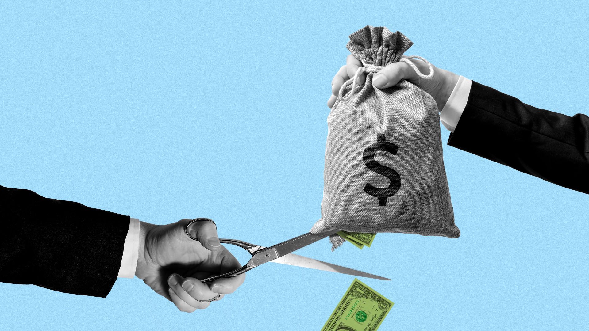 Illustration of a hand holding a bag of money while another cuts the bottom out