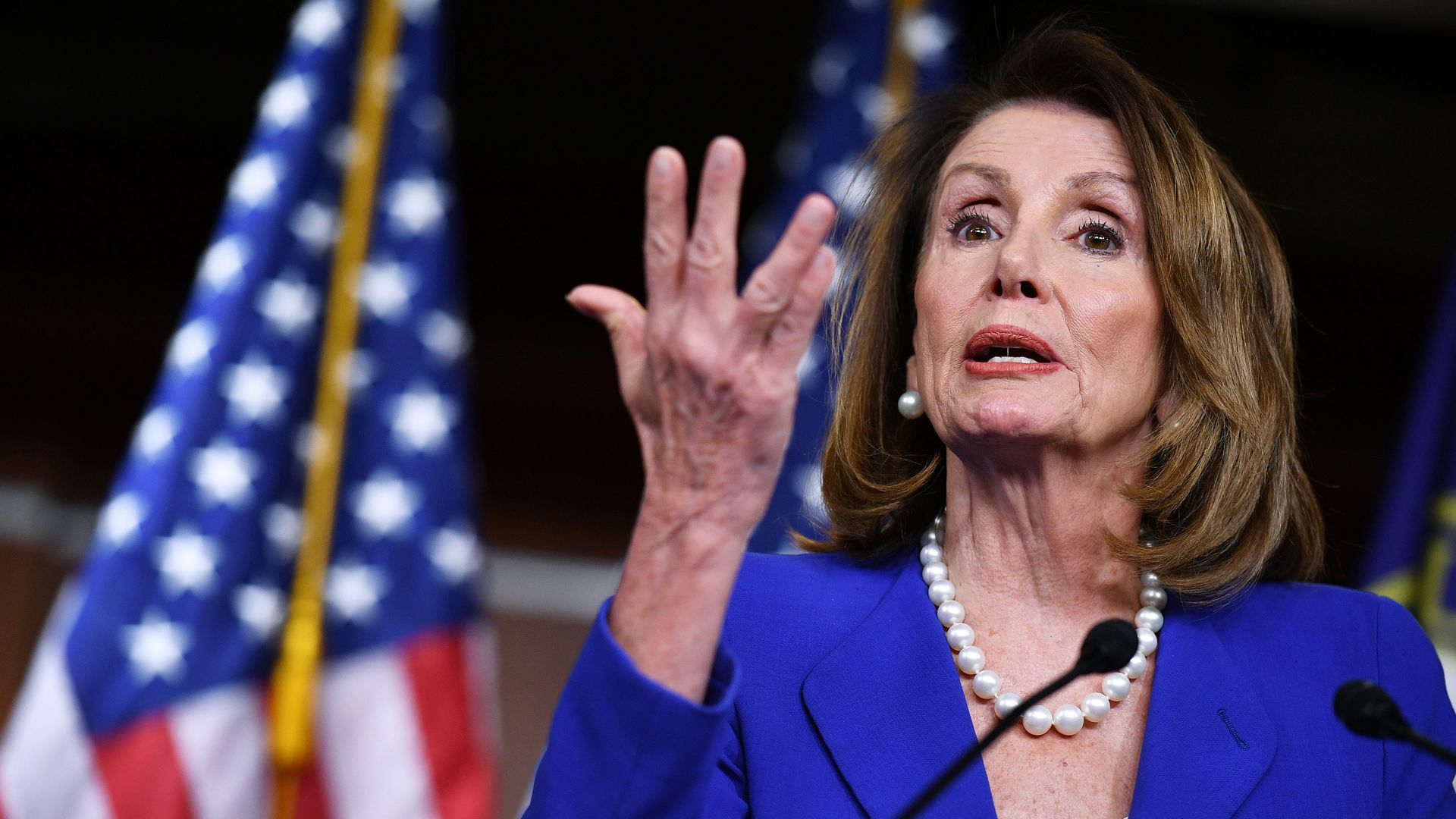 House Speaker Nancy Pelosi, Democrat of California, holds her weekly press conference at the House Studio of the US Capitol in Washington, DC, on March 28