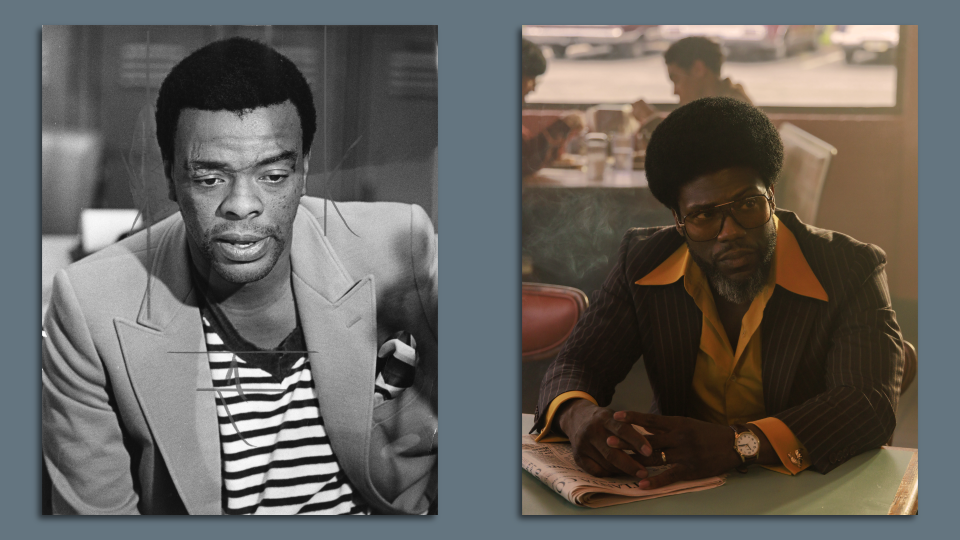 A black-and-white photo of an individual wearing a jacket and striped shirt speaking and a color photo of an individual wearing 1970s attire in a diner