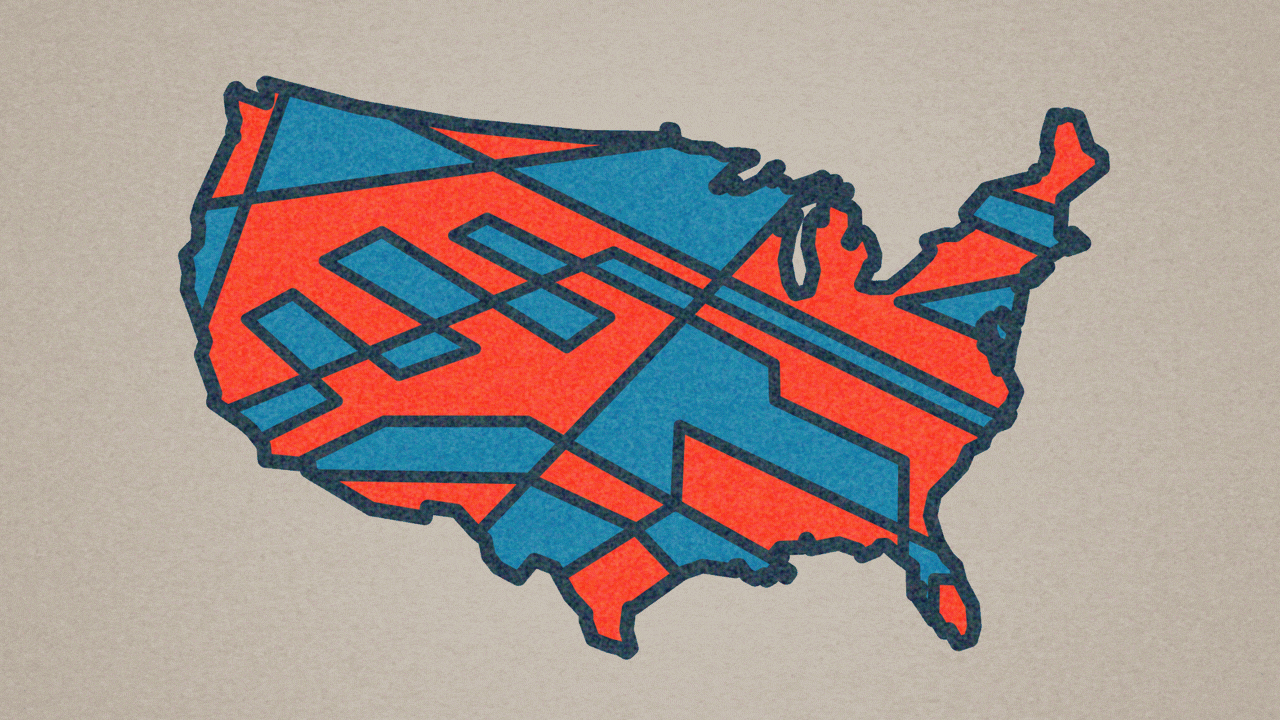 Animated illustration of the continental United States with red and blue districts rearranging themselves within it.