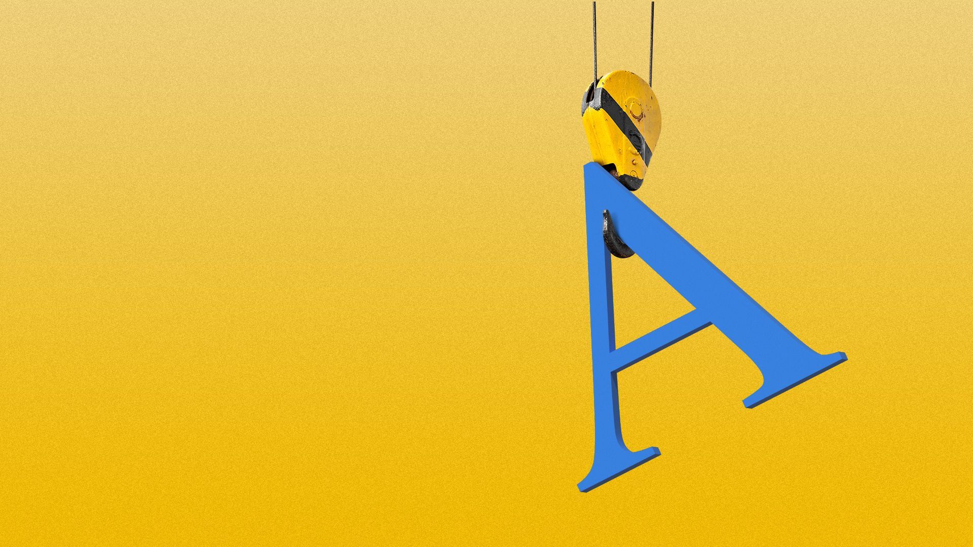 Illustration of a letter "A" being lifted up by a construction crane hook. 