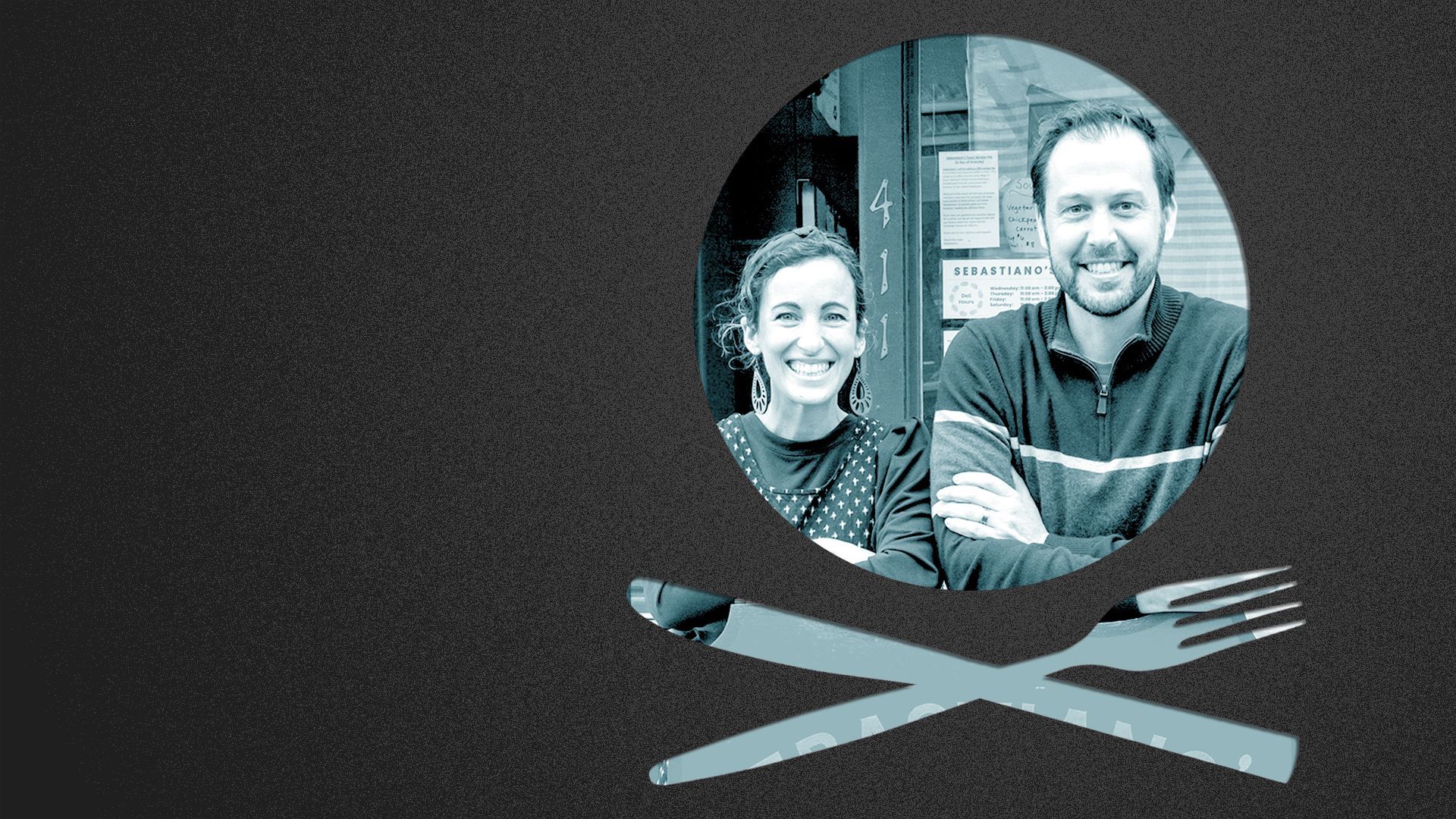 Photo illustration of a place setting shaped like a skull and crossbones containing a photo of Dan and Elise Gold.