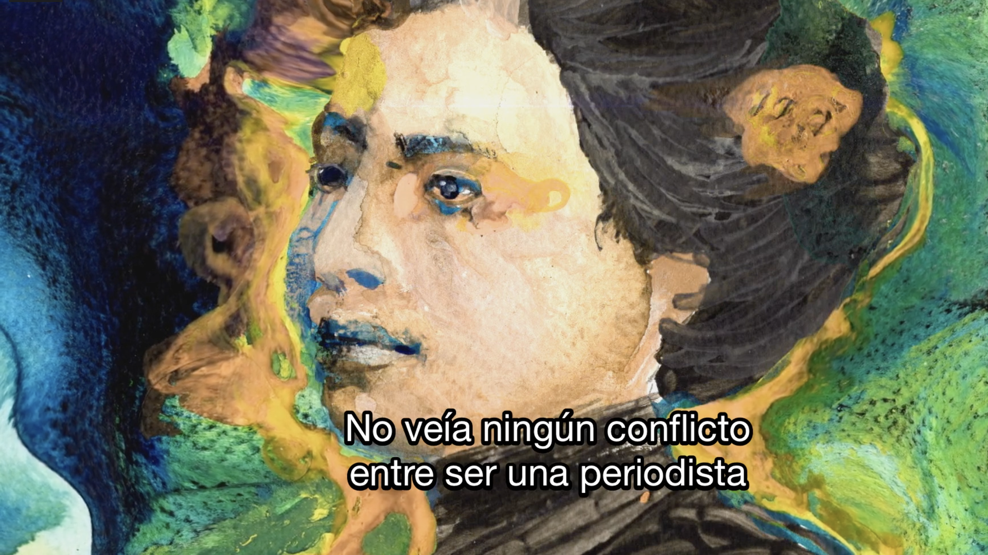 An artistic image of Mexican American journalist Jovita Idar from the PBS Unladylike series is shown with Spanish subtitles.
