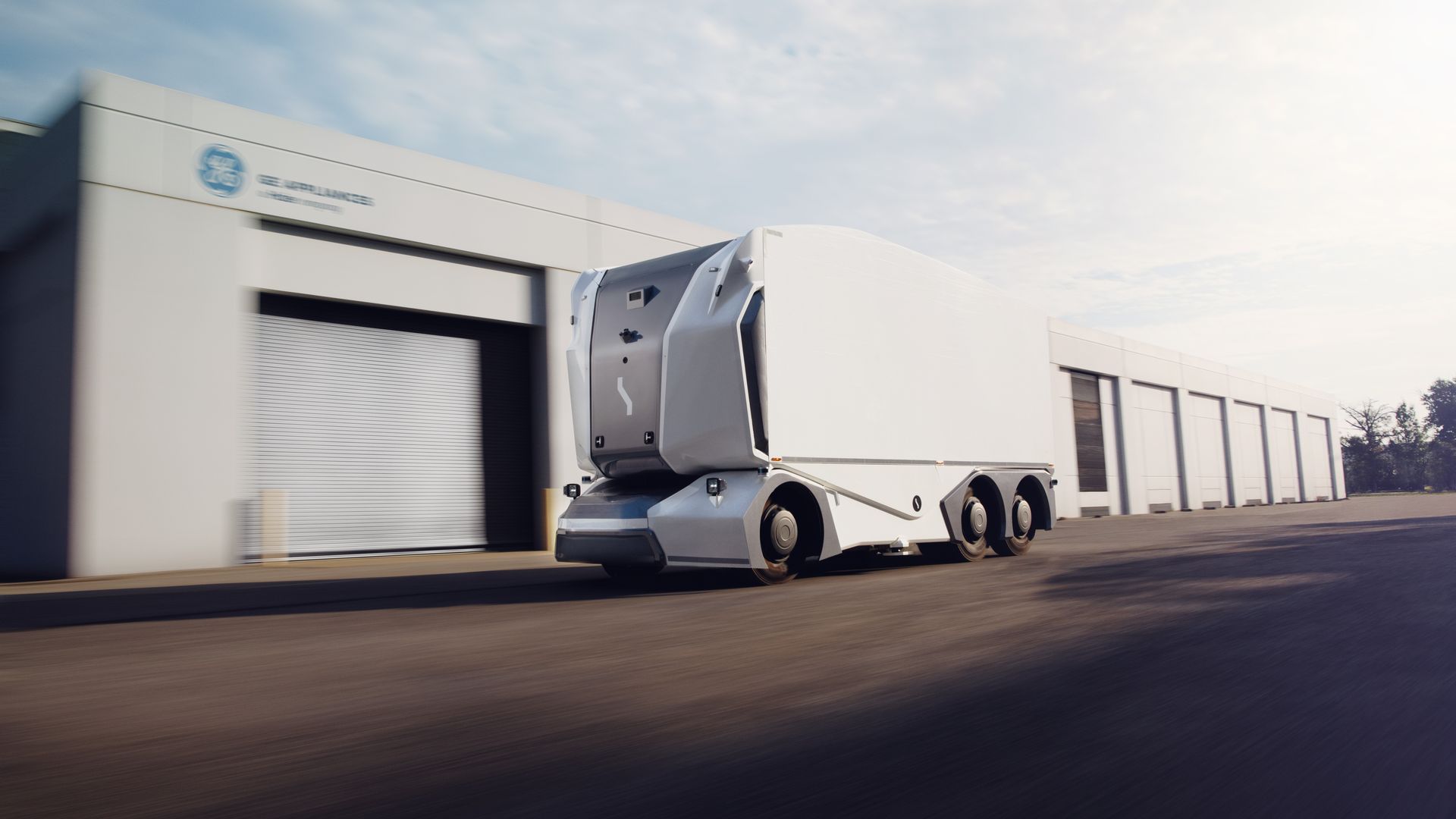 Image of a driverless Einride Pod at a GE Appliances warehouse