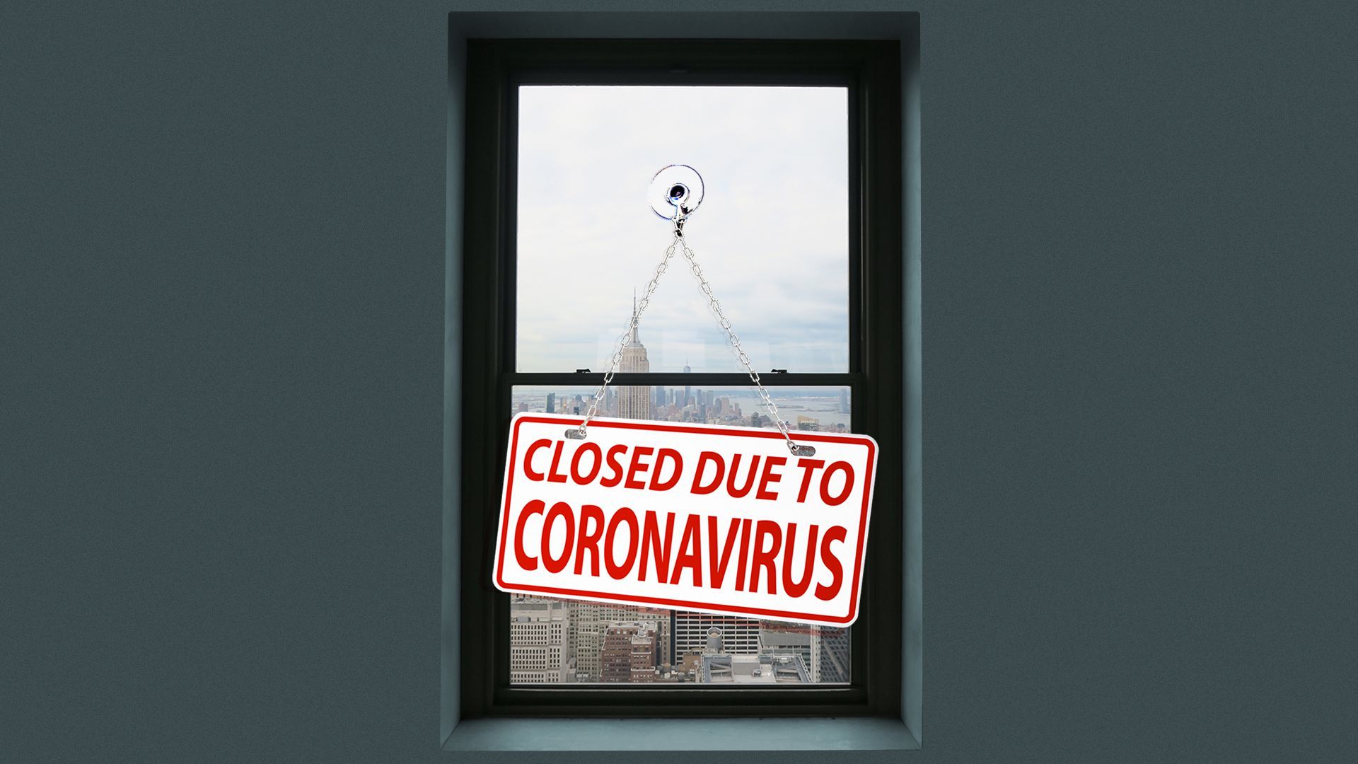Illustration of an interior apartment window facing a cityscape with a "Closed Due to Coronavirus" sign