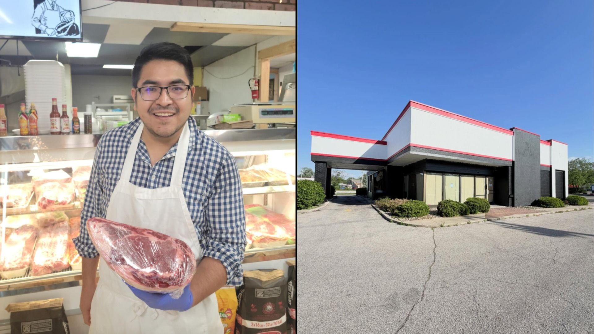 Left: a smiling man in a checkered shirt and white apron holds a large wrapped steak in a butcher shop with meat displays nearby. Right: a white building with red trim under a blue sky.