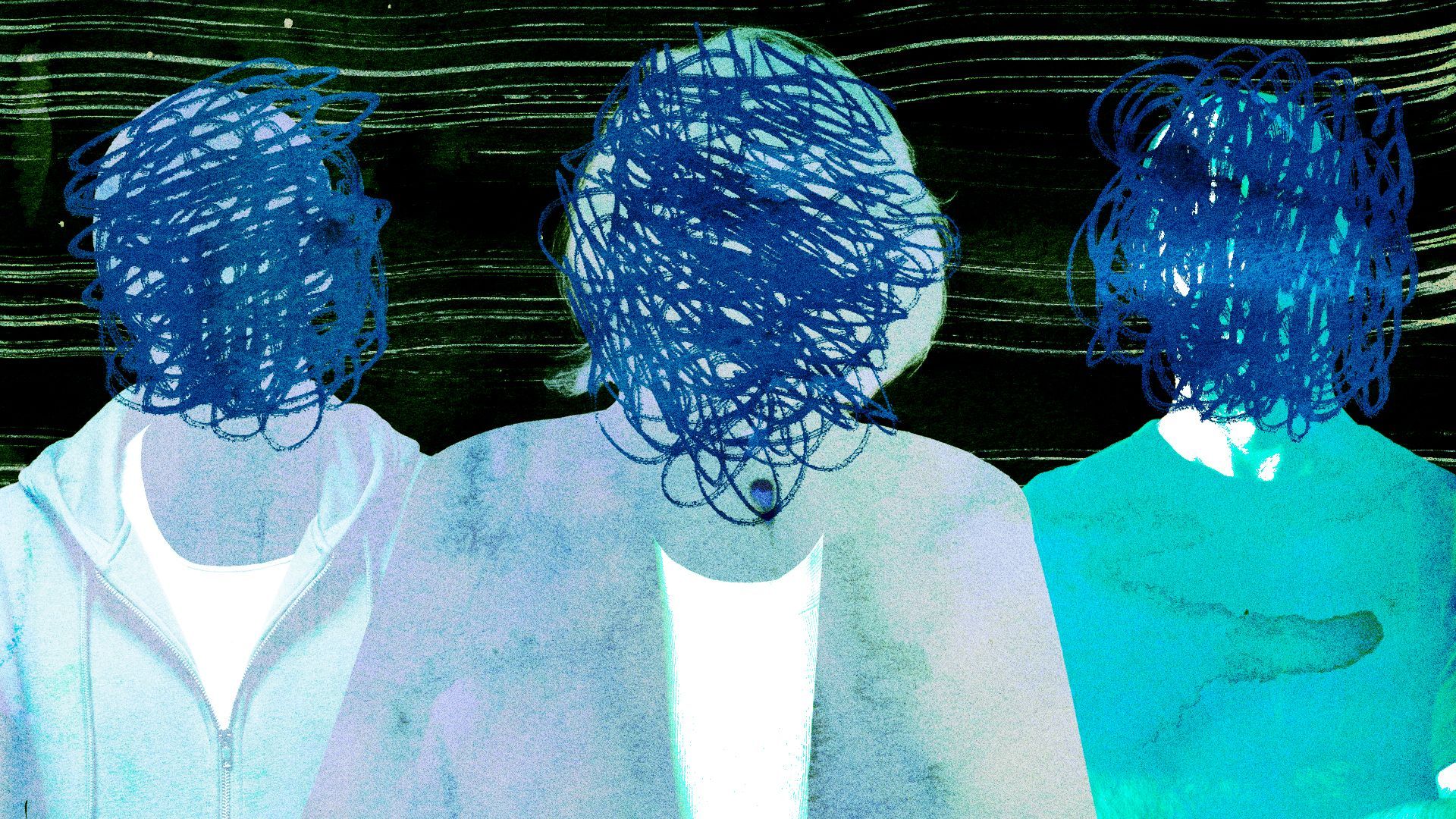 Illustration of a collage of three people with scribbles over their faces and abstract textures.