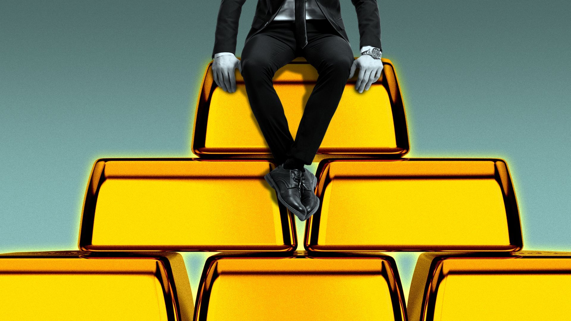 Illustration of a person sitting on top of a pyramid of gold bars.