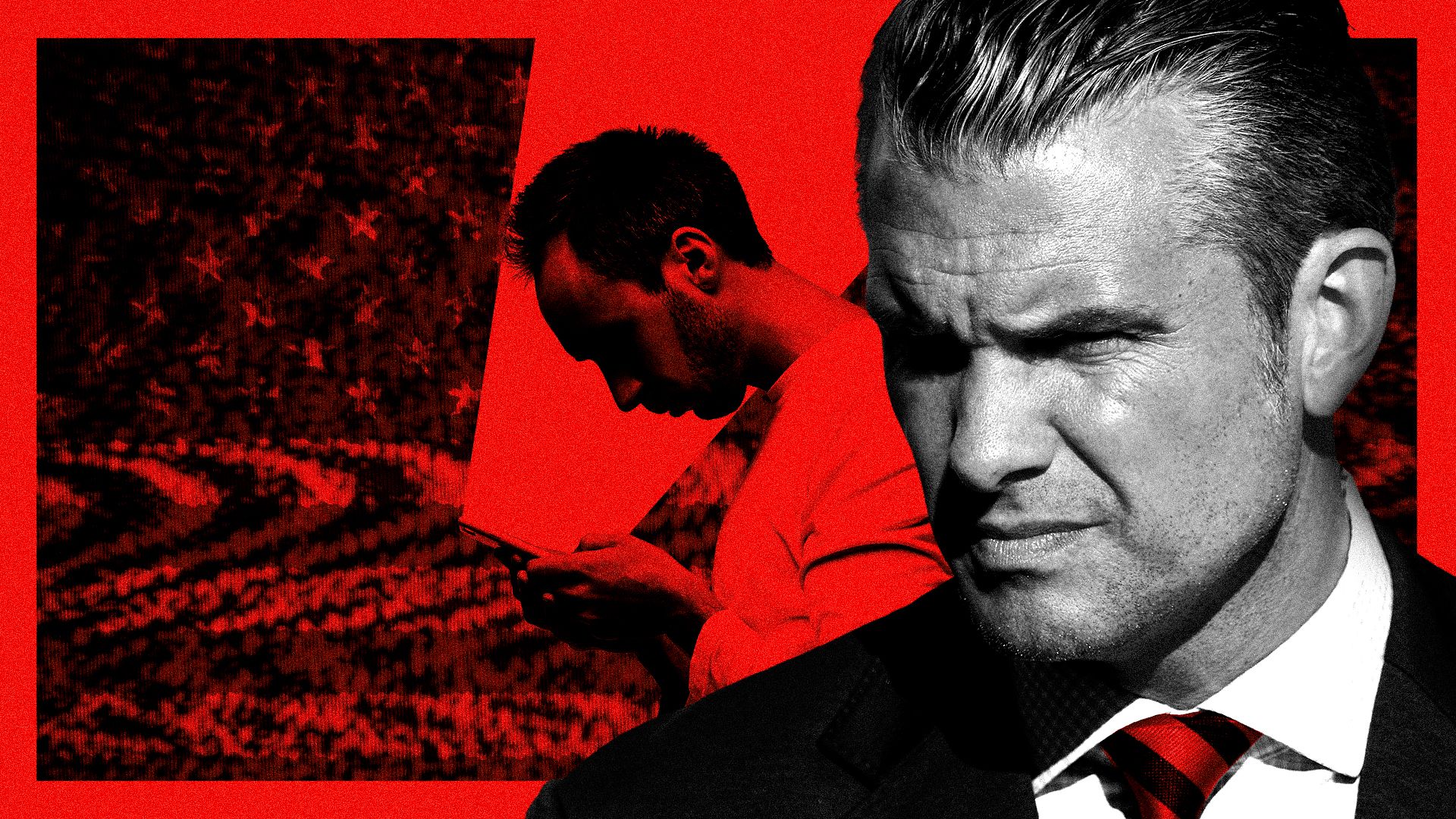 Photo illustration of Pete Hegseth in front of a man looking at his phone and a scrambled version of the U.S. flag with television snow