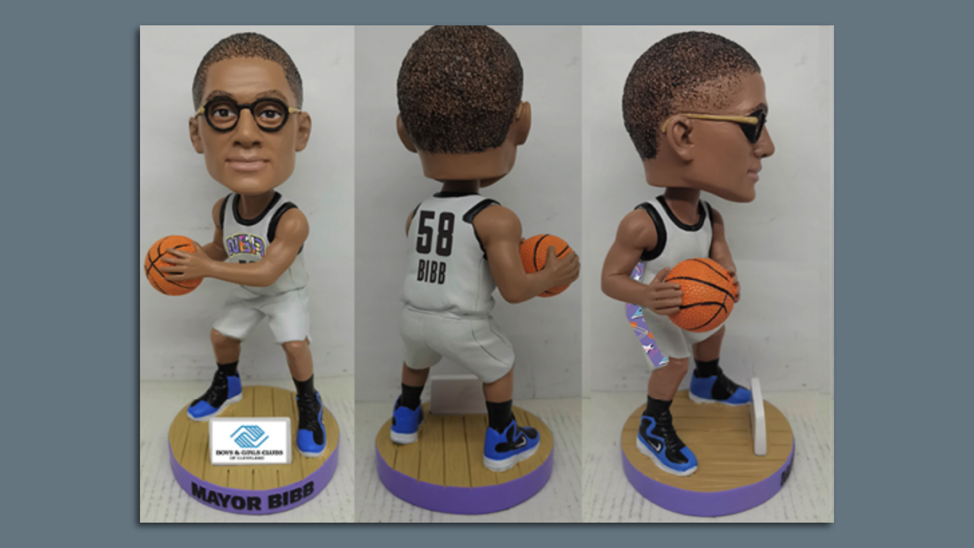 Cleveland Mayor Justin Bibb as bobblehead in white basketball uniform, wearing no. 58